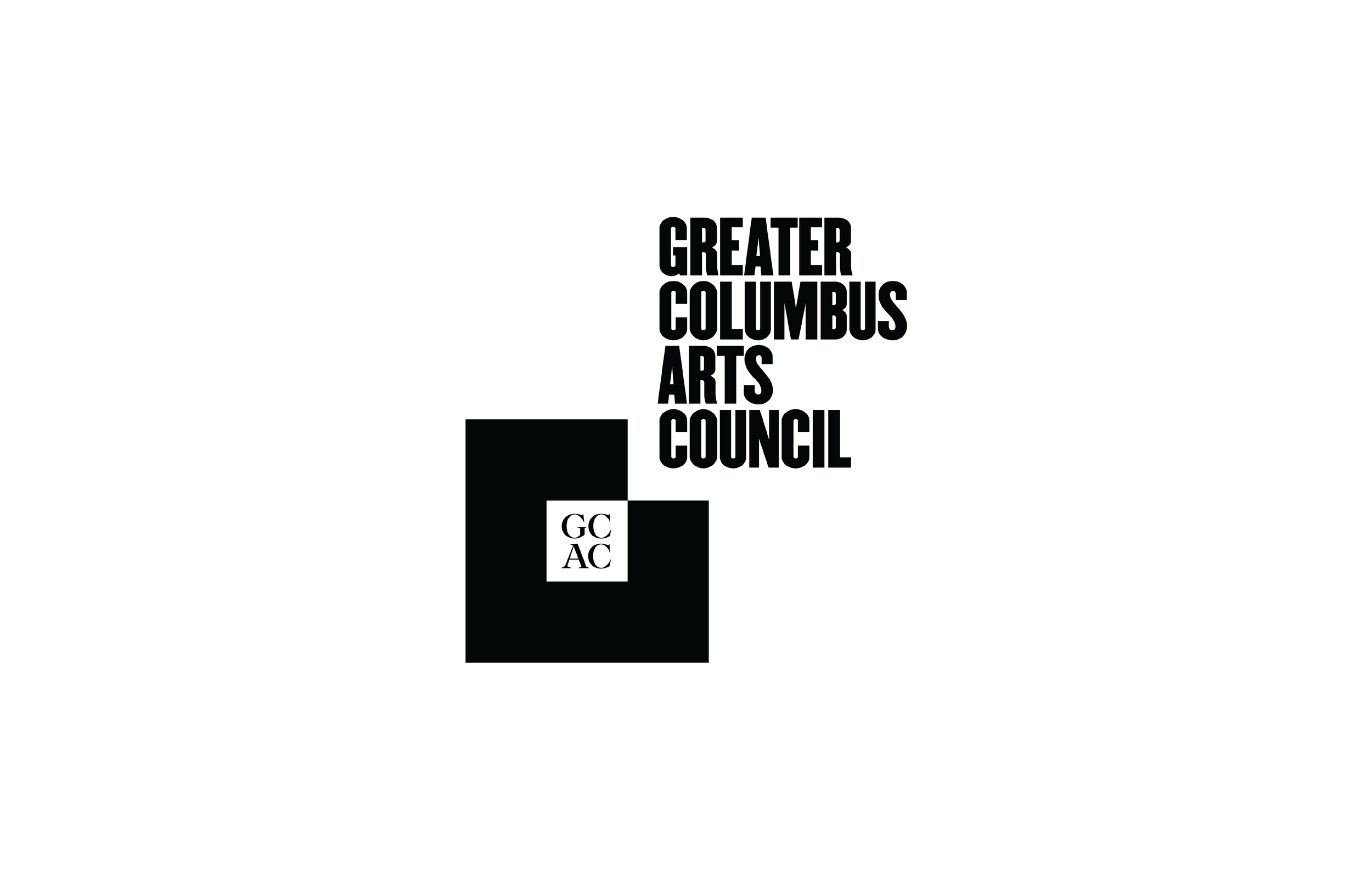 Logo for Greater Columbus Arts Council featuring black squares with white letters 'GC' and 'AC' and text in bold black font.