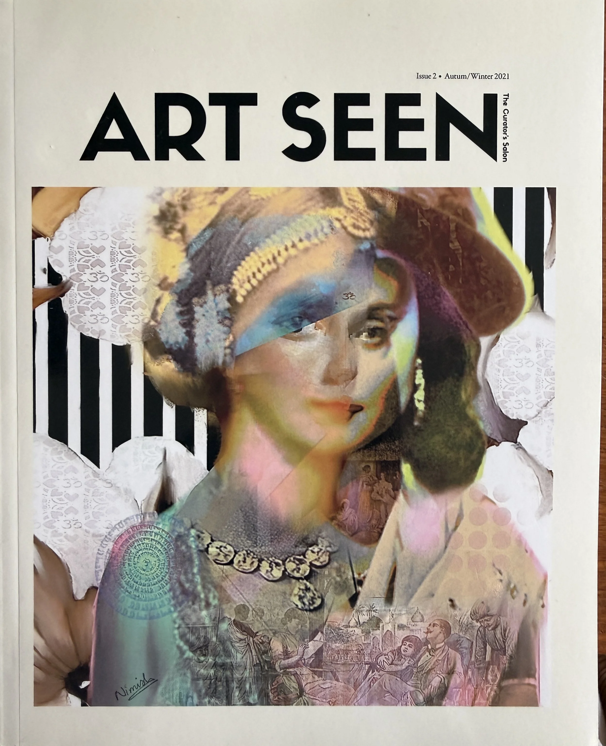 A collage artwork featuring a woman's portrait with vintage and modern elements, including jewelry, historical images, and abstract patterns, on the cover of 'Art Seen' magazine, Autumn/Winter 2021 issue.