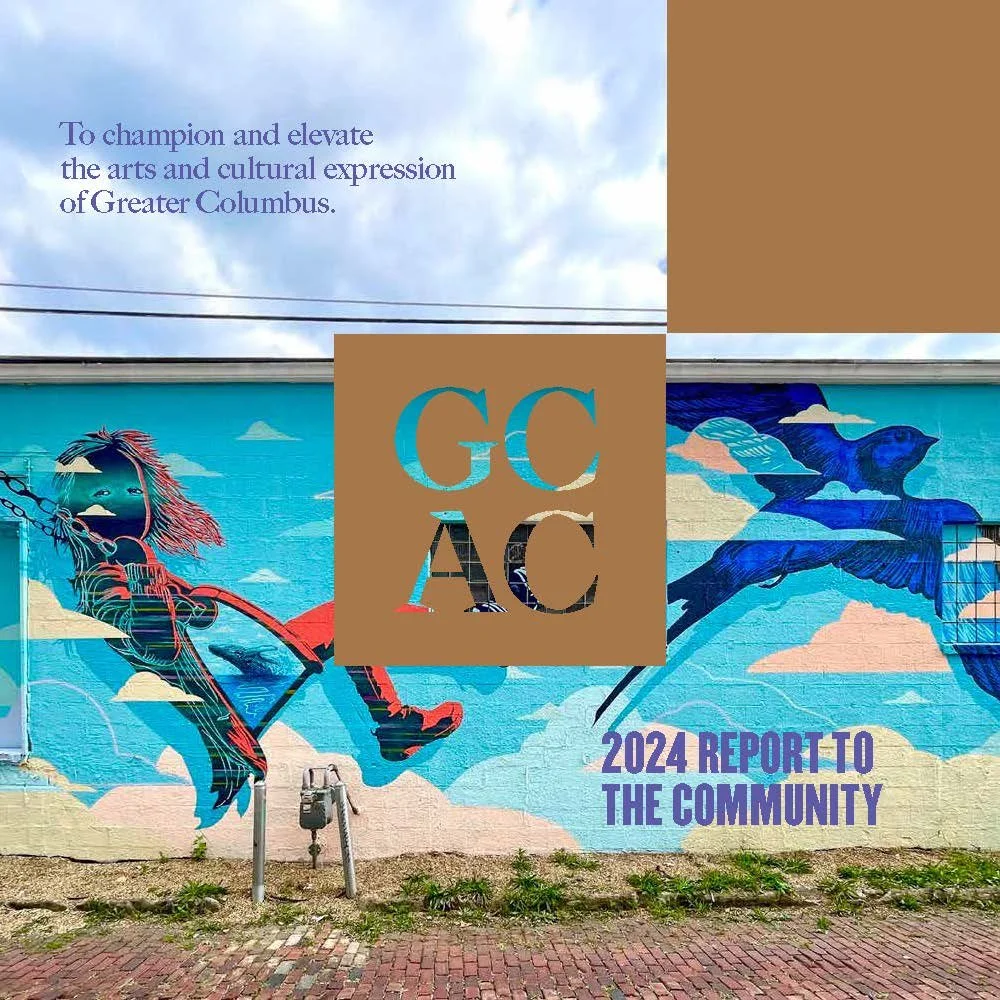 Mural depicting a girl swinging on a chain and a bird flying, with a sky background, promoting the 2024 Community Report by Greater Columbus arts organization.