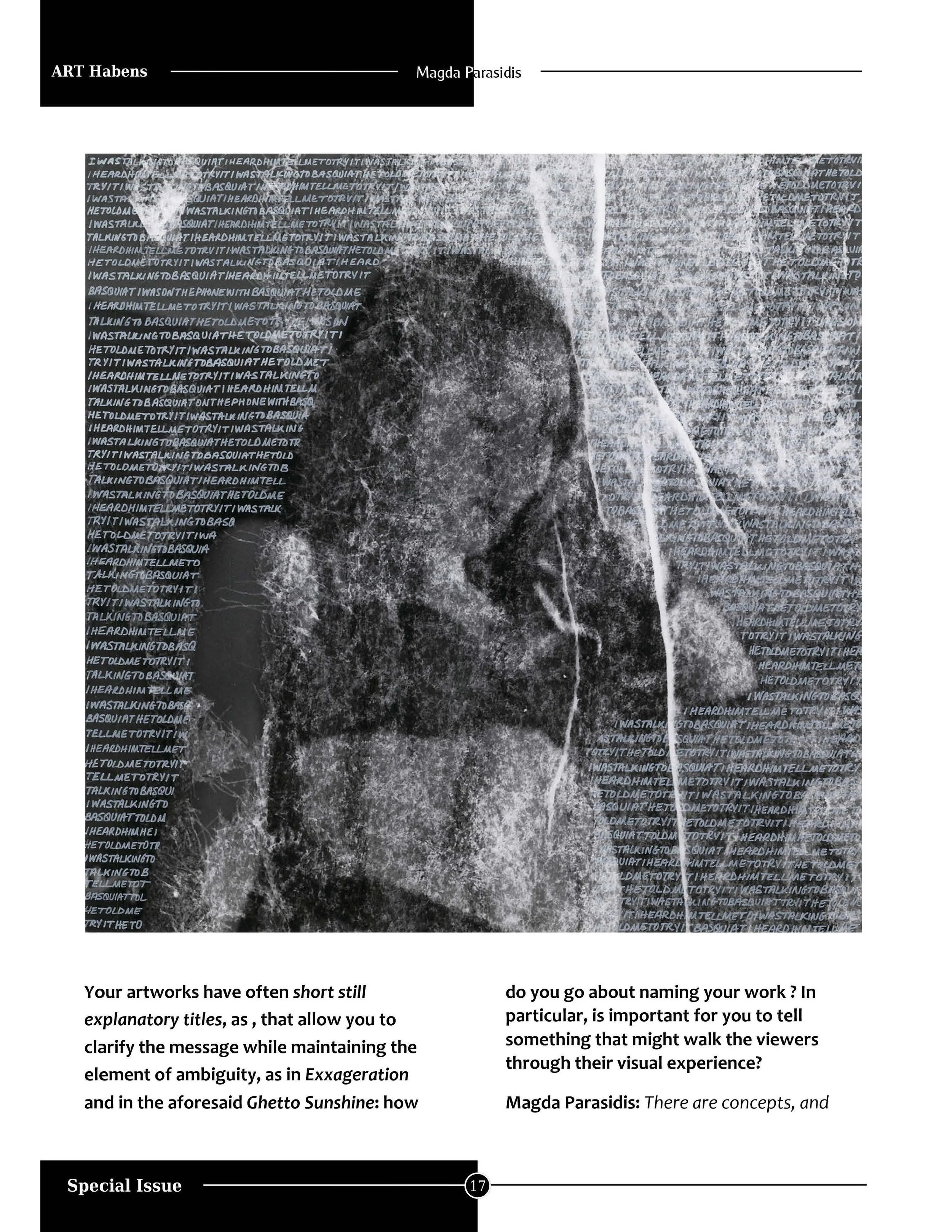 Black and white abstract art handwritten text overlay, ART HABENS Contemporary Art Review magazine featuring contemporary artwork from Magda Parasidis Ghosts in Sunlight photocollage  art magazine article.