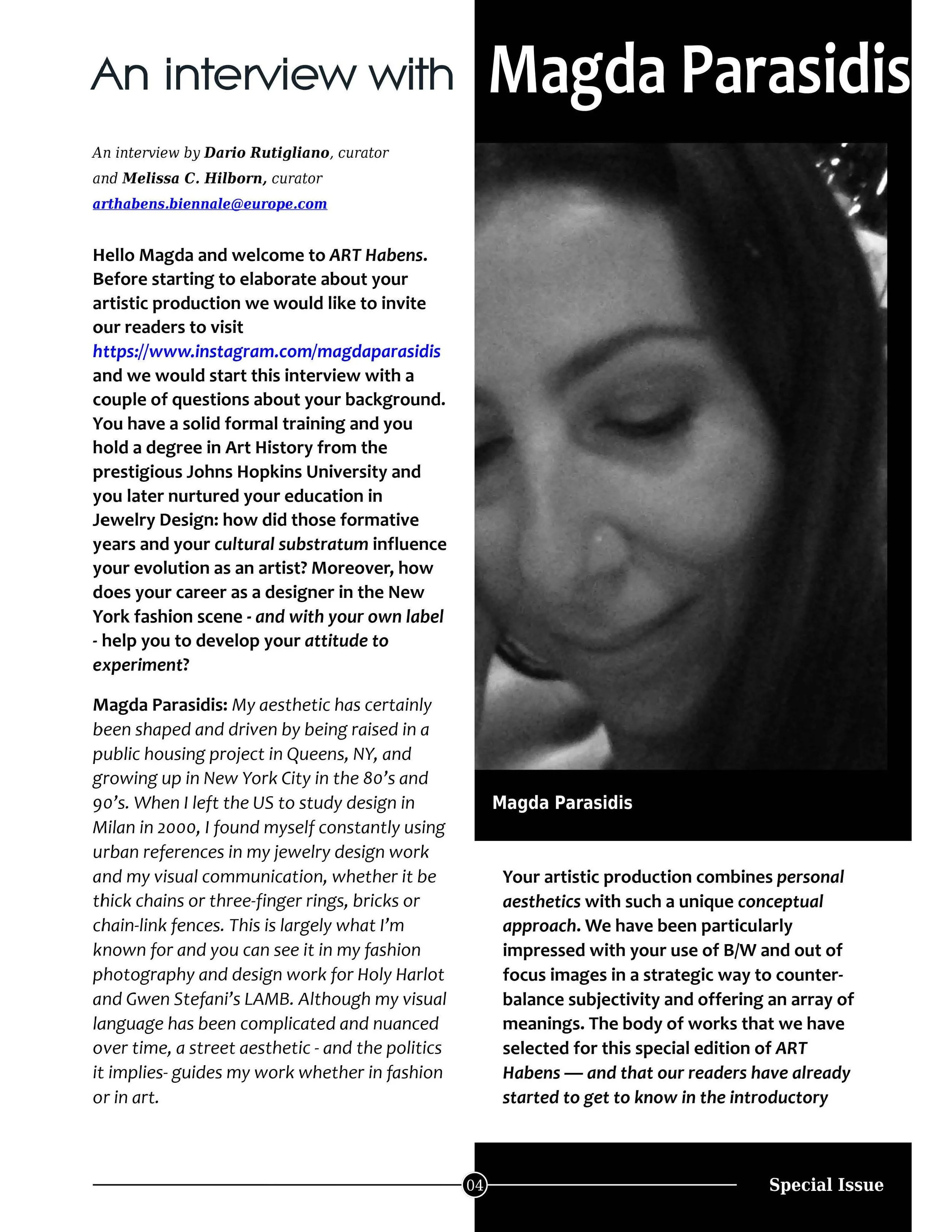 Page from an interview feature with artist Magda Parasis, including a black-and-white photograph of her face, text about her background and artistic approach, and a header with her name.