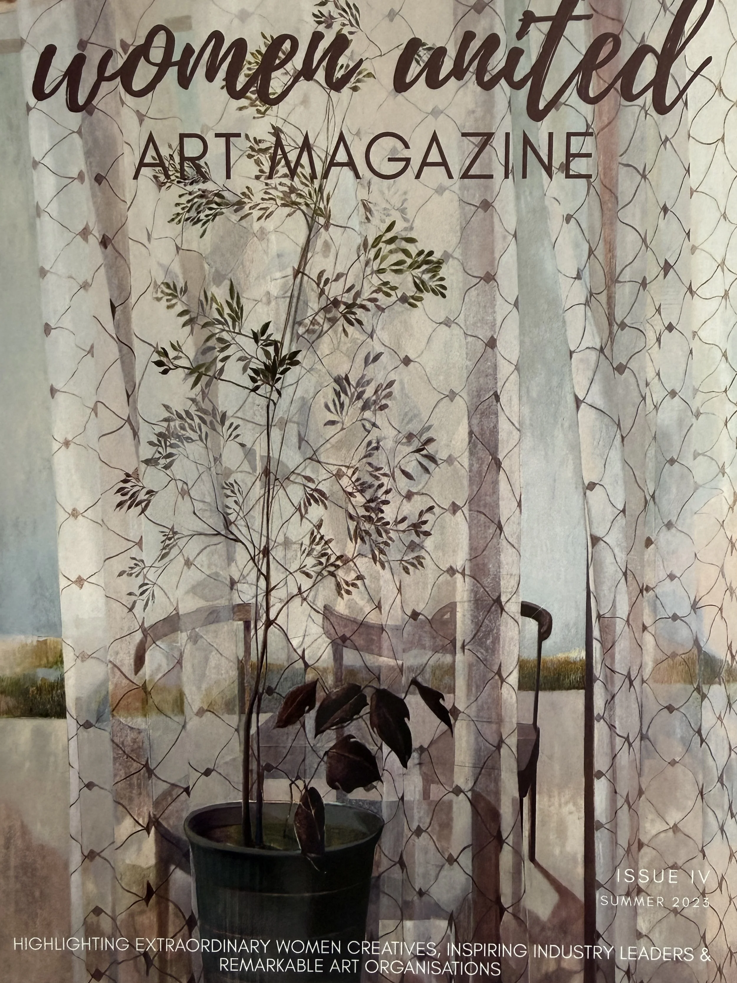 Cover of IOWOMEI Art Magazine, Summer 2023, featuring a potted plant with a backdrop of patterned curtains and a bench.