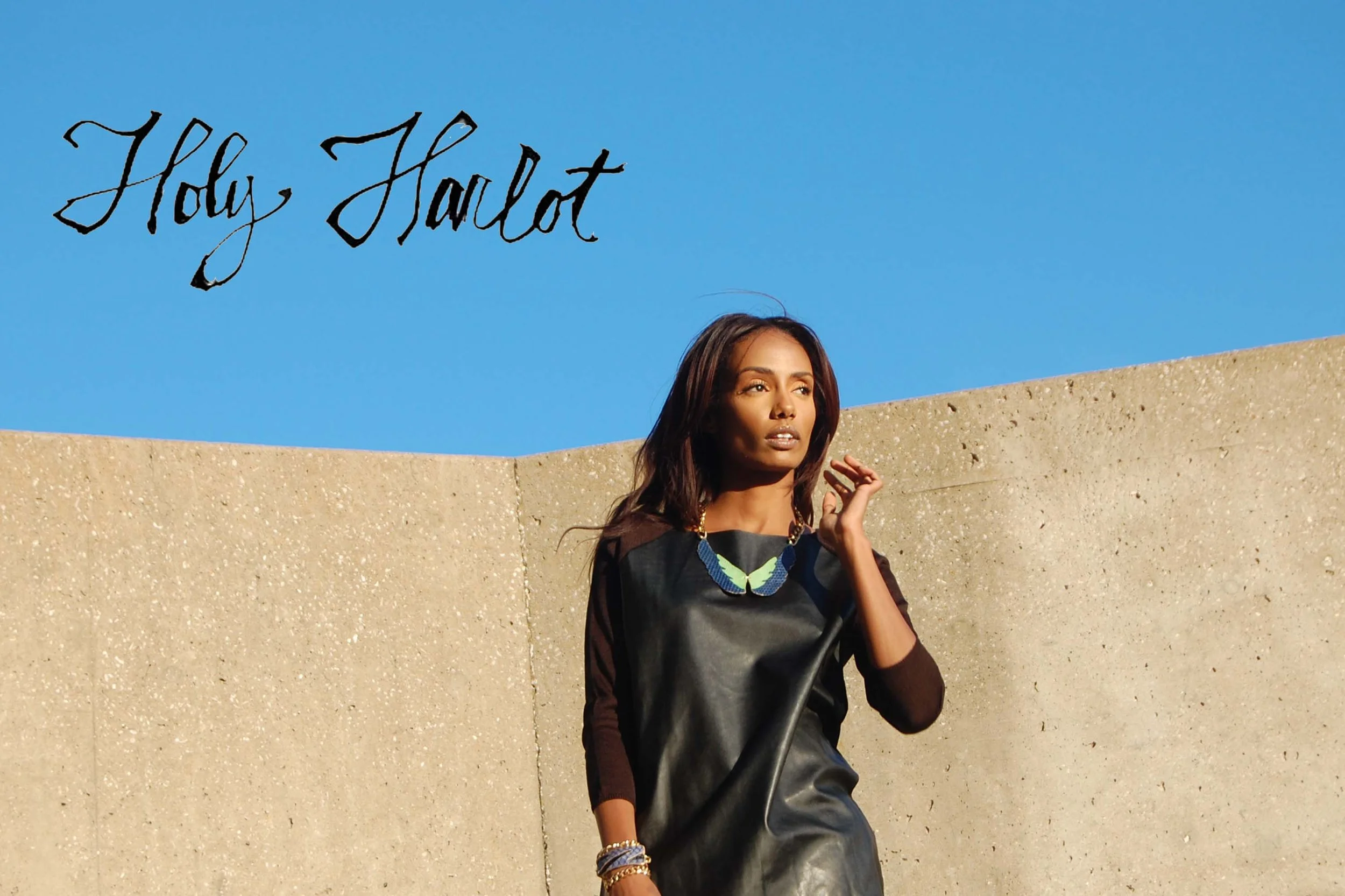Fashionably dressed woman standing outdoors against a concrete wall with clear blue sky, wearing a black dress and statement necklace, with handwritten 'Holy Harlot' text in the upper left corner.