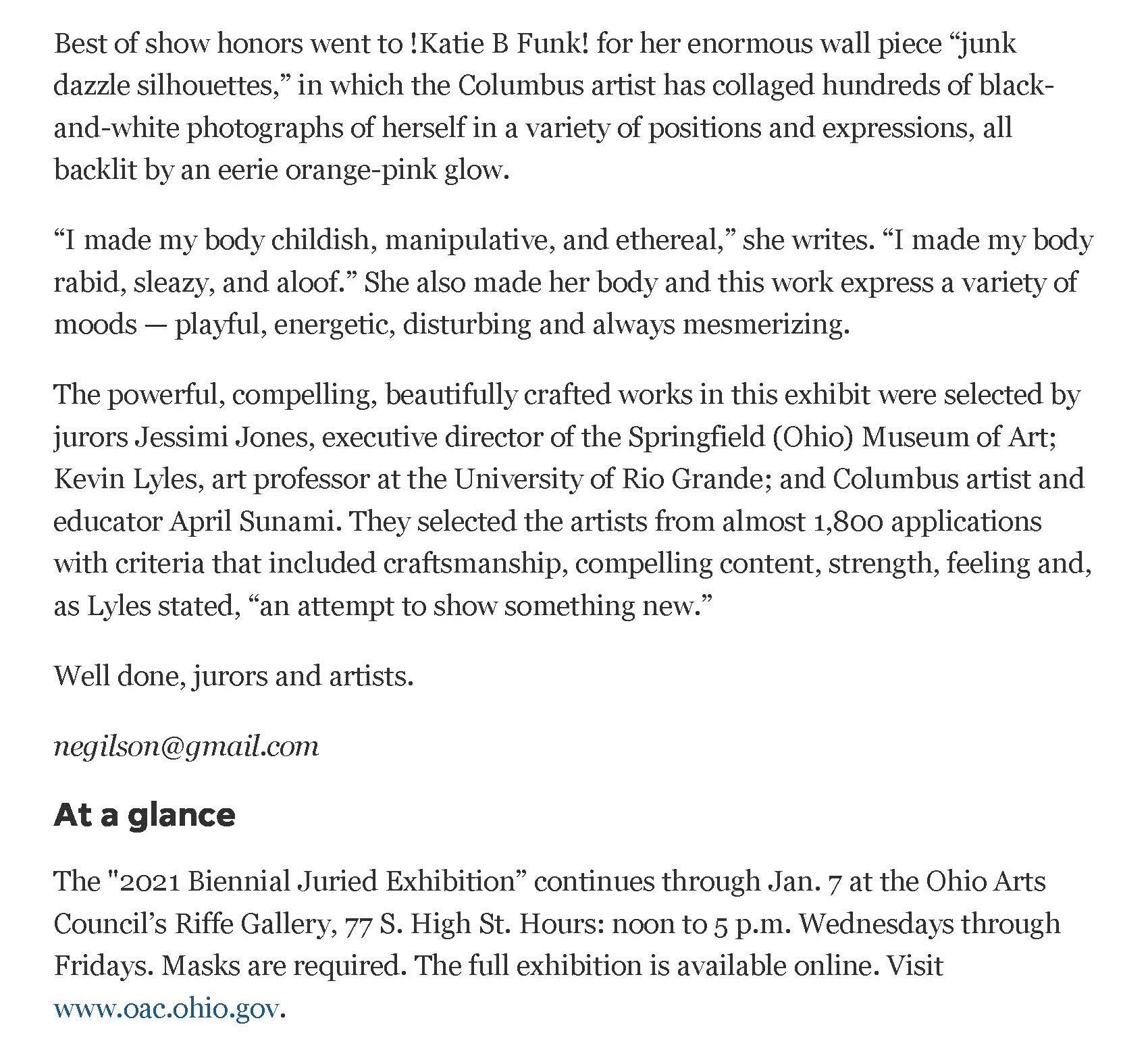Text excerpt about an art exhibition, awards, and artist information, mentioning Katie B Funk's wall piece and a juried exhibition at the Ohio Arts Council's Riffe Gallery Magda Parasidis