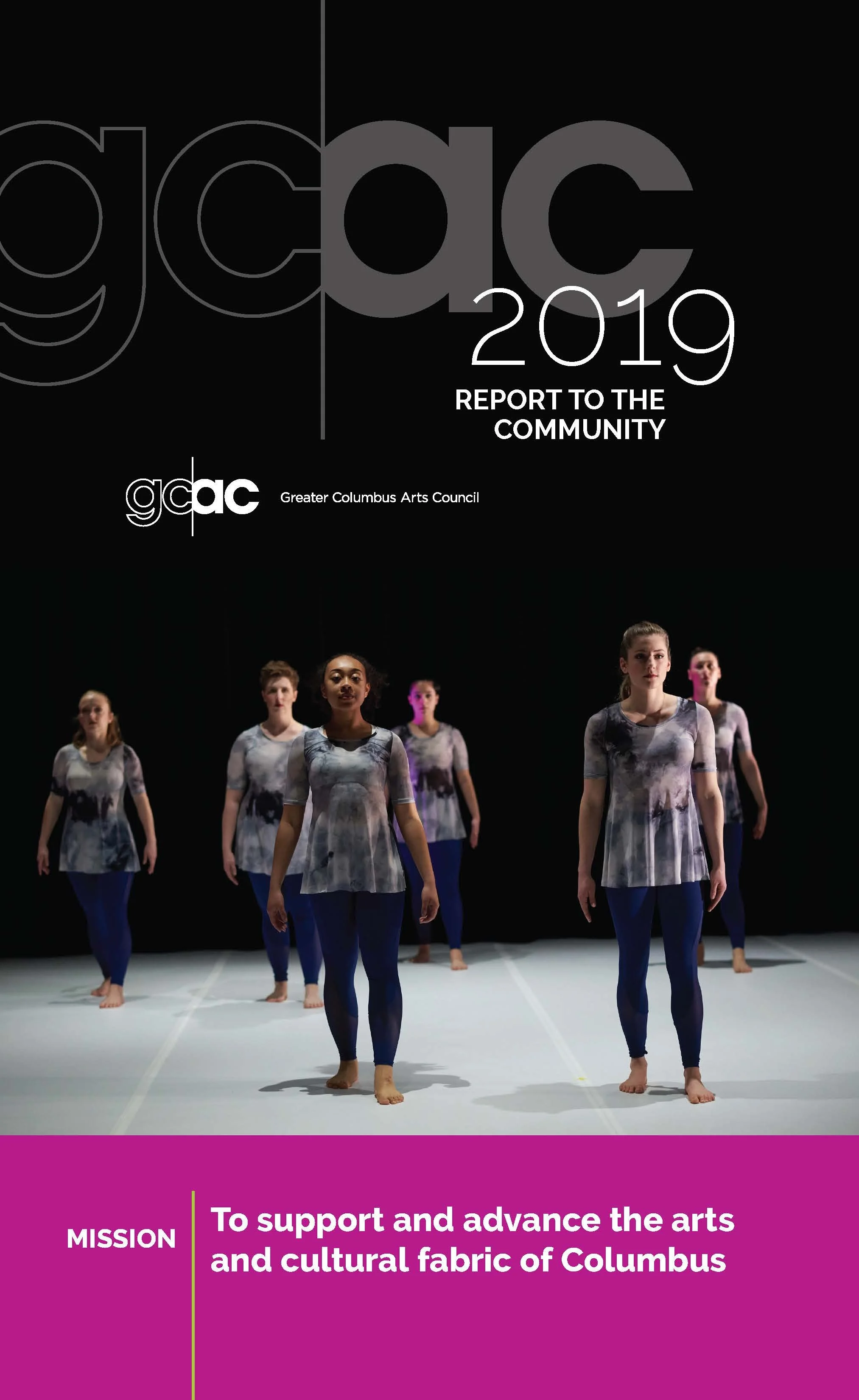 Cover page of the 2019 report by the Greater Columbus Arts Council featuring a group of women dancers in tie-dye shirts and blue leggings performing on stage.
