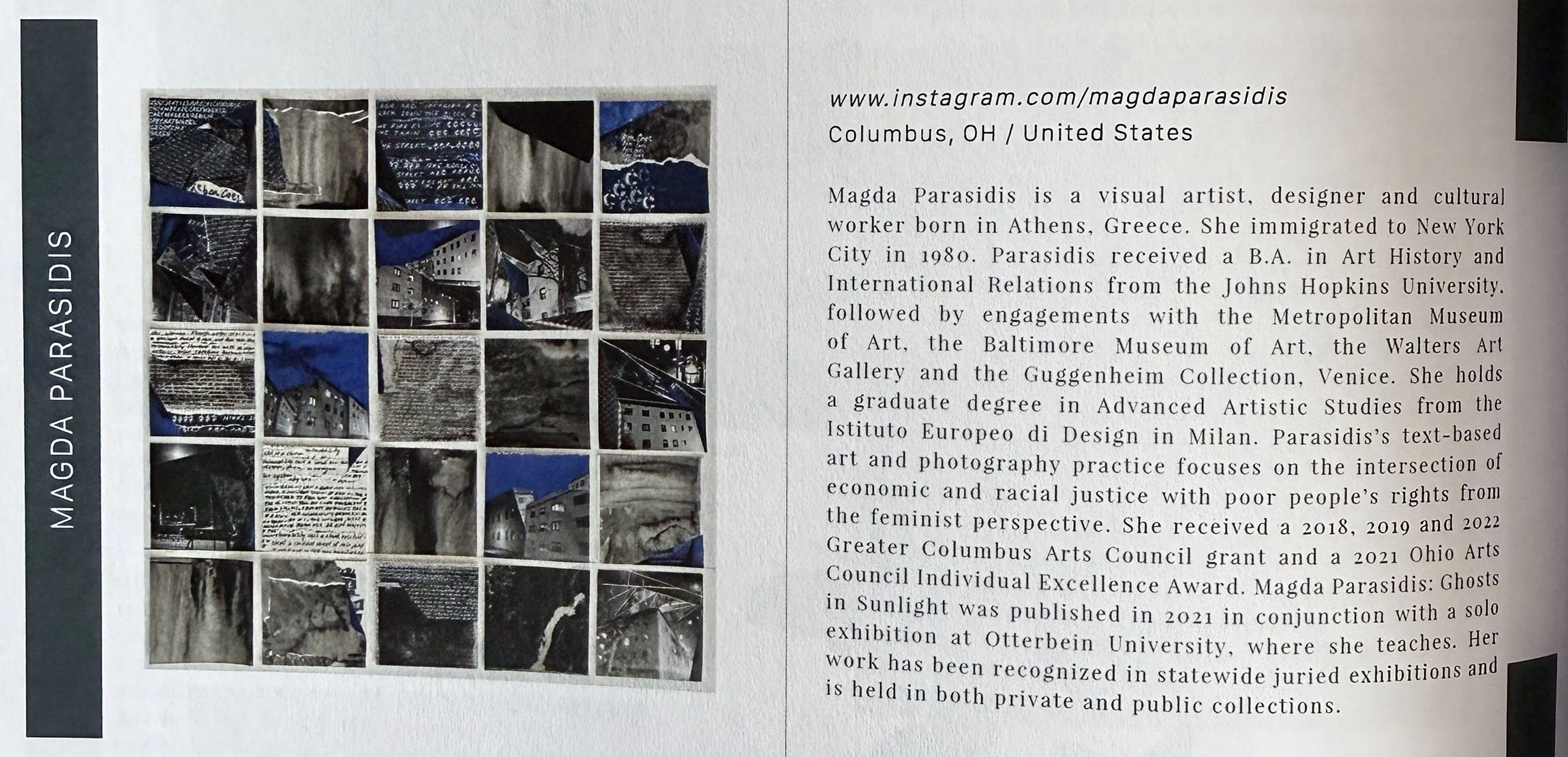 An artist's biography and an abstract collage of small images including cityscapes and textured patterns. The biography mentions artist Magda Paradis, based in Columbus, Ohio, with her educational background and themes of her work, focusing on economic and racial justice through mixed media art and photography.