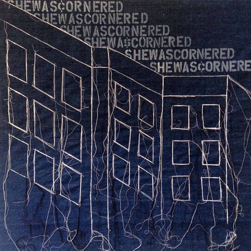 Magda Parasidis She Was Cornered /Piece Work denim embroidery and hand lettering from Ghosts in Sunlight series