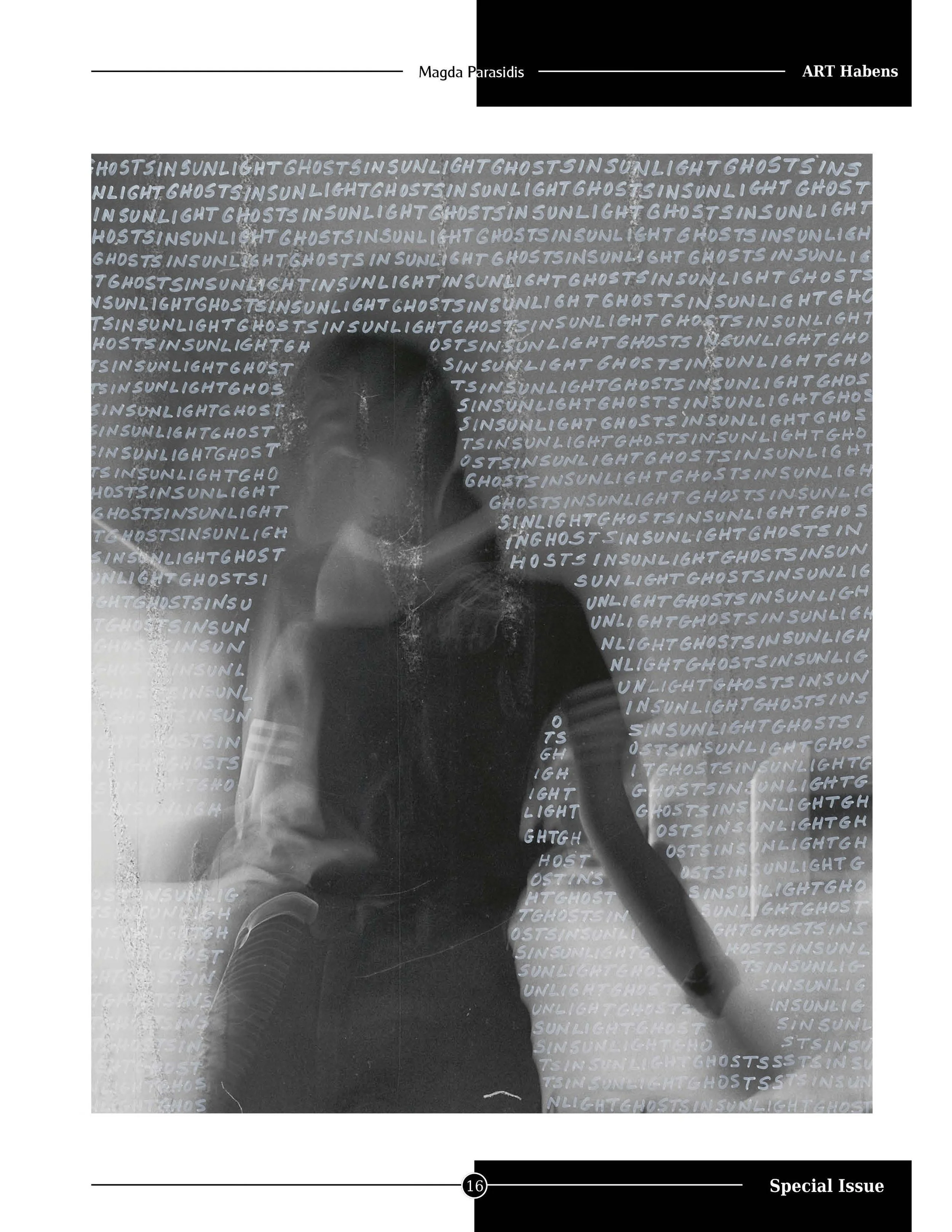 ART HABENS Contemporary Art Review magazine featuring contemporary artwork from Magda Parasidis Ghosts in Sunlight photocollage GHOSTS IN SUNLIGHT' repeatedly overlaid across the image.