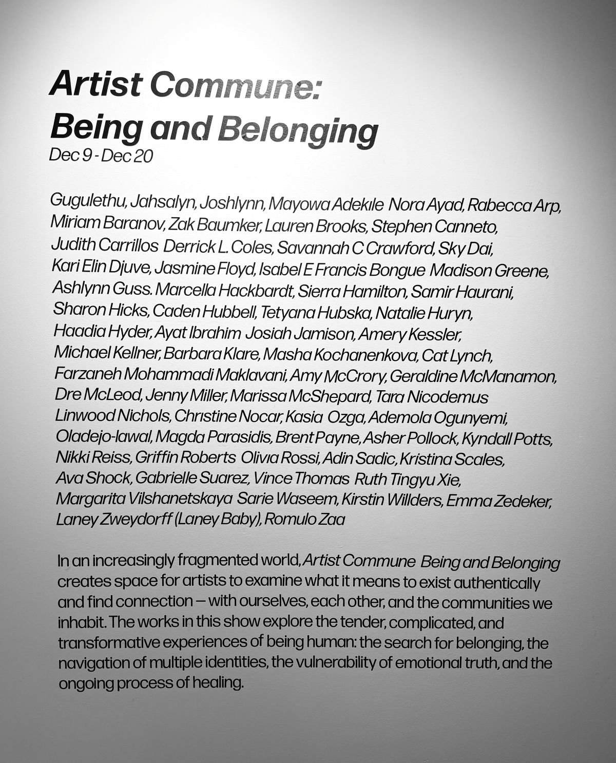 Information panel about the art exhibition 'Artist Commune: Being and Belonging,' including Magda Parasidis Kites.