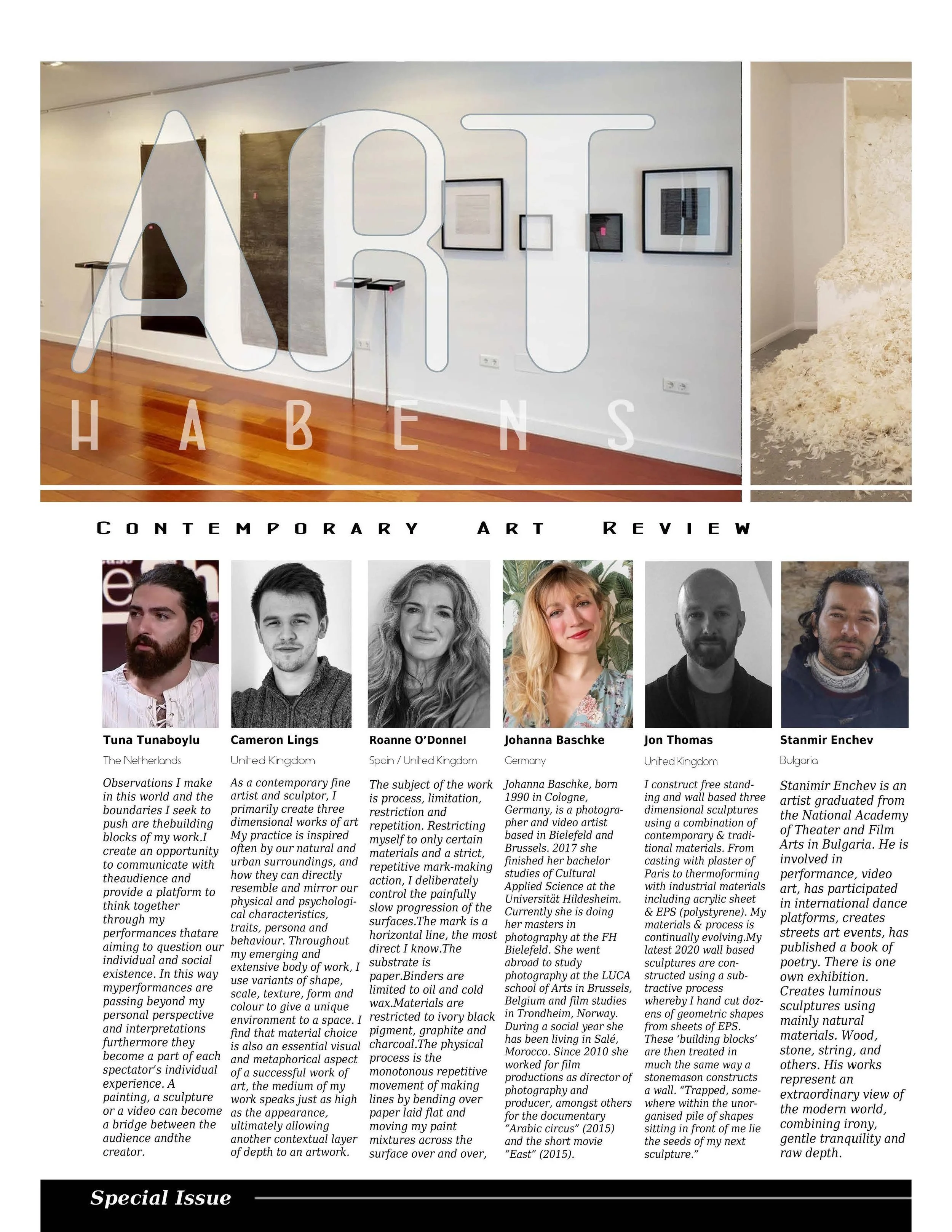 Cover page of a contemporary art review magazine featuring an art gallery with framed pictures, a sculpture, and text about the exhibition and artists.