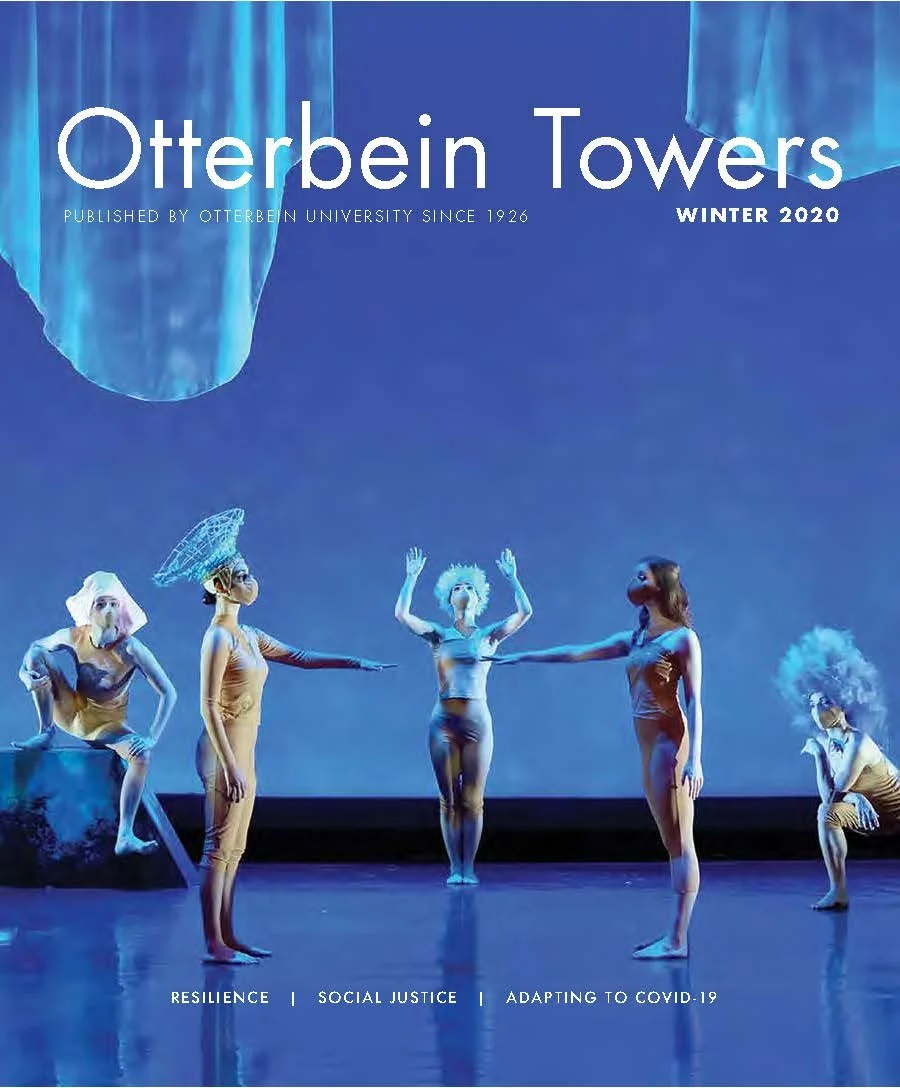 Cover of Otterbein Towers newsletter for winter 2020 featuring the exhibition Ghosts in Sunlight by Magda Parasidis.\ in the Miller Gallery.