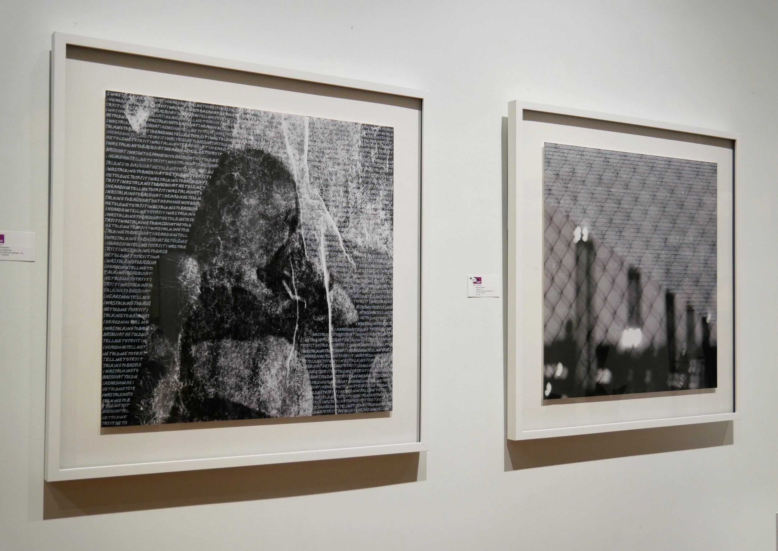 Magda Parasidis Talking to Basquiat Gallery Installation from Ghosts in Sunlight series balck and white photography text photo