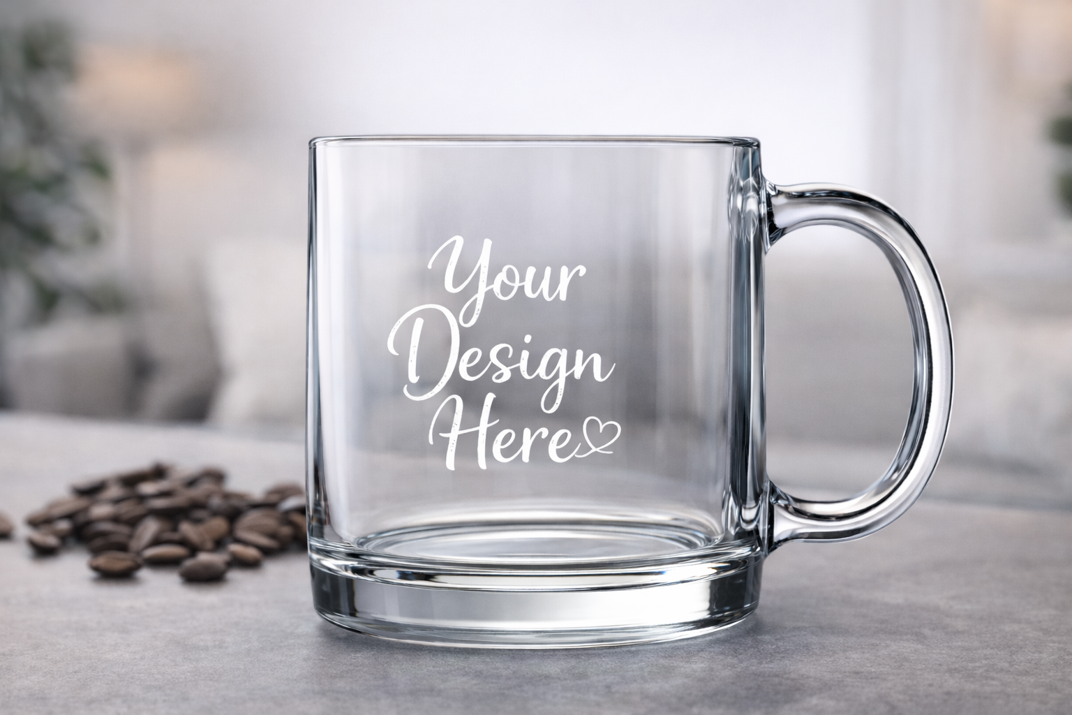 Custom engraved glass coffee mug that says "your design here"