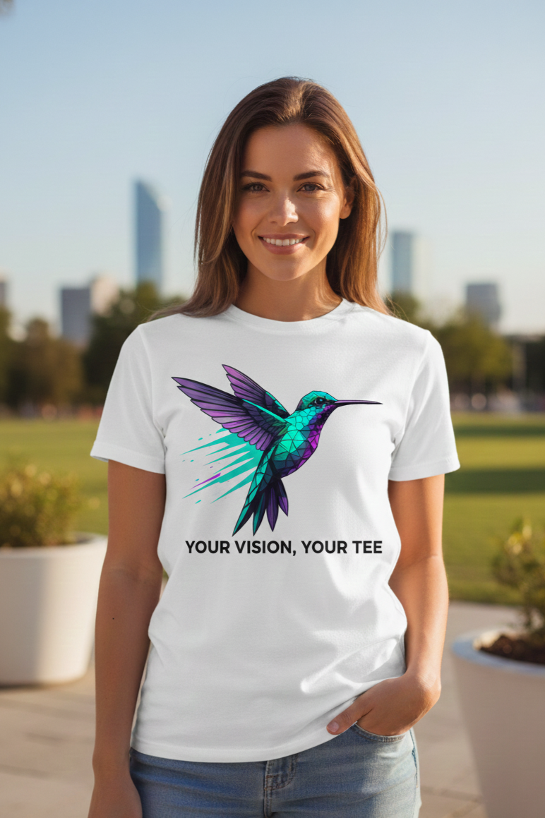A woman standing outdoors in a park during daytime, wearing a customized white T-shirt with a colorful geometric hummingbird and the text 'YOUR VISION, YOUR TEE' printed below.