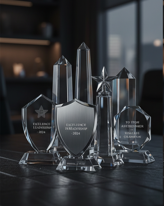 Five clear glass or crystal awards on a dark table with a modern office background, including a shield-shaped award, a star-shaped award, and various geometric designs.