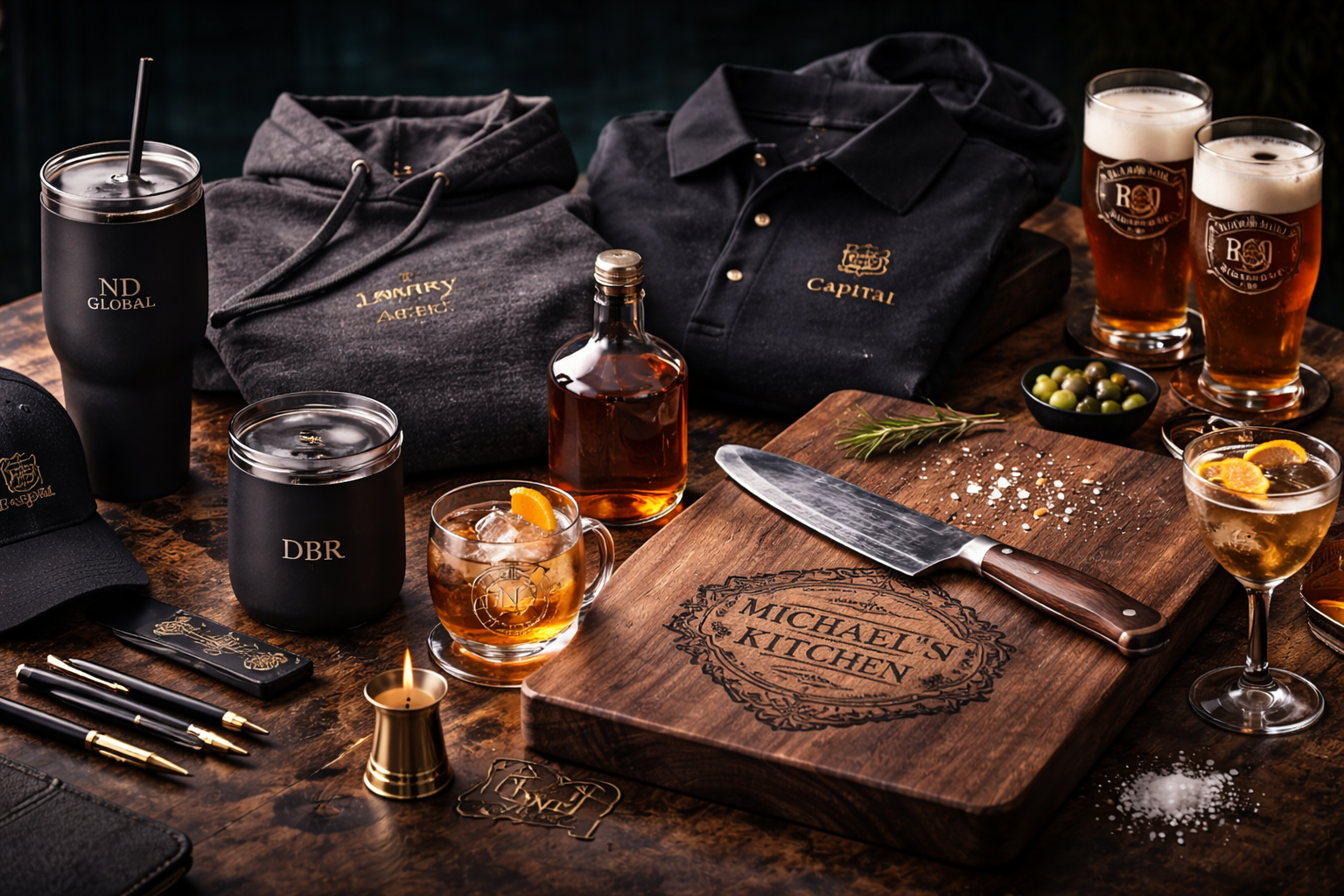Wooden table set with clothing, glasses of beer, whiskey, cocktail, a cutting board labeled 'Michael's Kitchen', a chef's knife, salt, pepper, herbs, and accessories with branding logos.