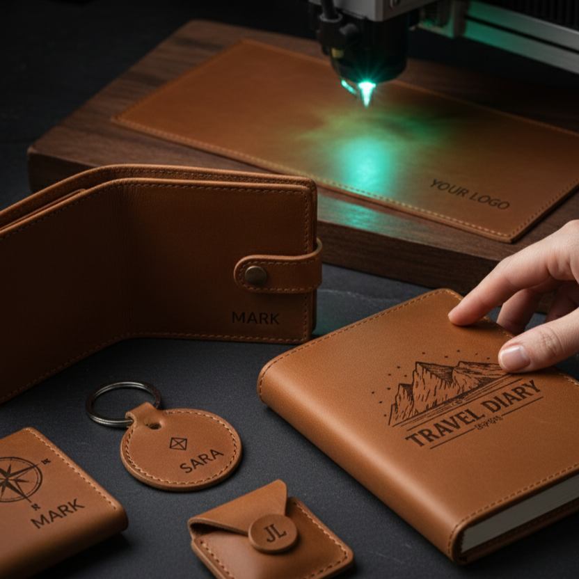 A workspace featuring a variety of leather goods, including a wallet, keychain, and travel journal, with a laser engraving machine customizing a genuine leather piece.