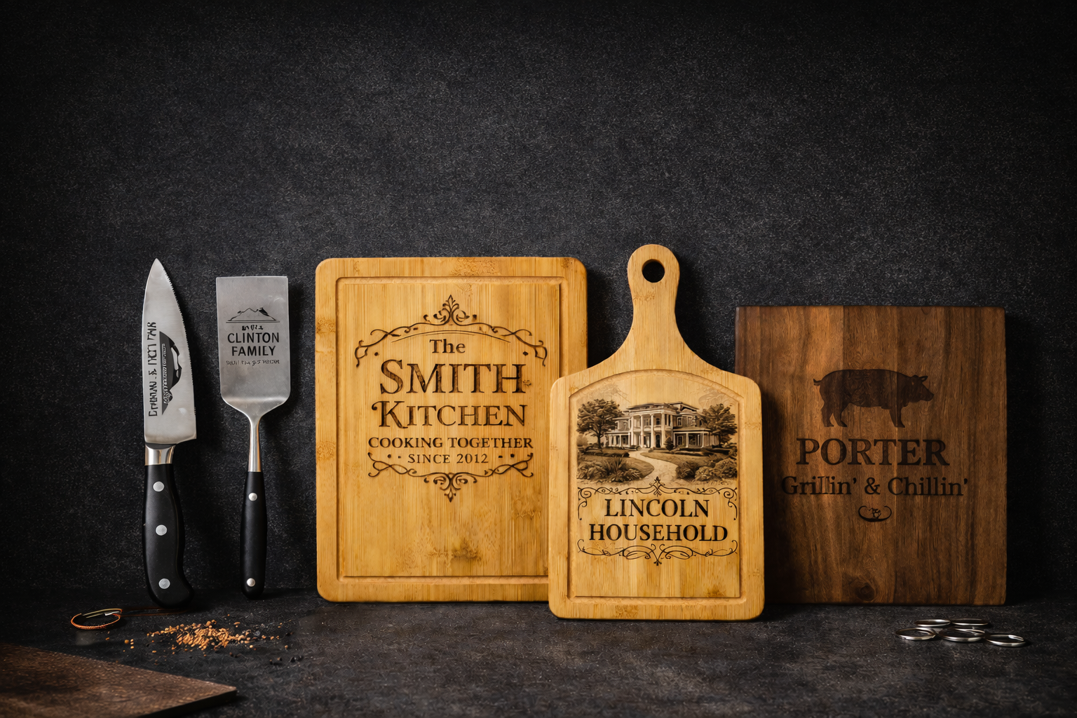 A set of kitchen tools and cutting boards on a dark countertop. From left to right: a chef's knife with a black handle, a metal spatula with a black handle, a wooden cutting board engraved with 'The Smith Kitchen,' a small cutting board with 'Lincoln Household' and a house illustration, a larger wooden board with a pig silhouette and 'Porter Gritlin' & 'Chillin' idem.
