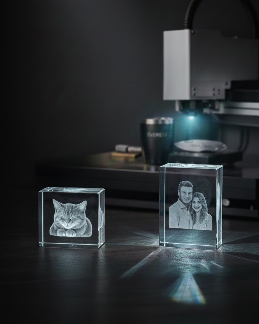 Two glass blocks with engraved images, one of a smiling cat and the other of a smiling couple, positioned on a dark surface with a laser engraving machine in the background.