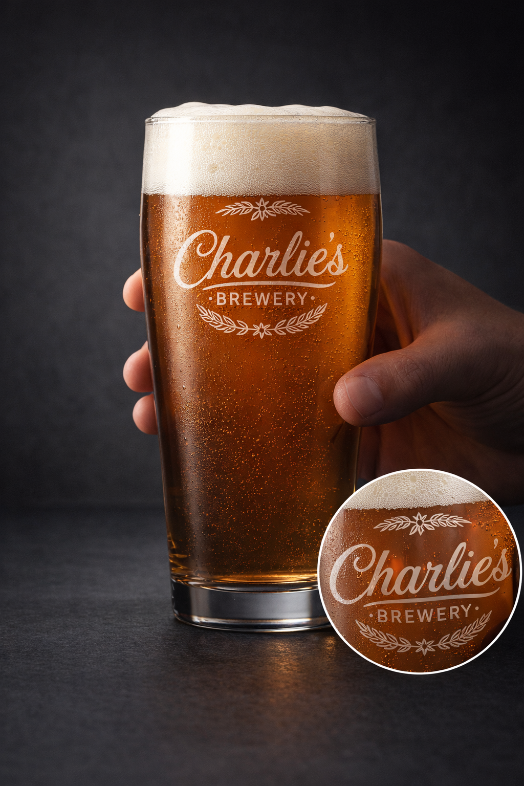 A hand holding a pint glass of amber beer with foam on top, labeled 'Charlie's Brewery', against a dark background.