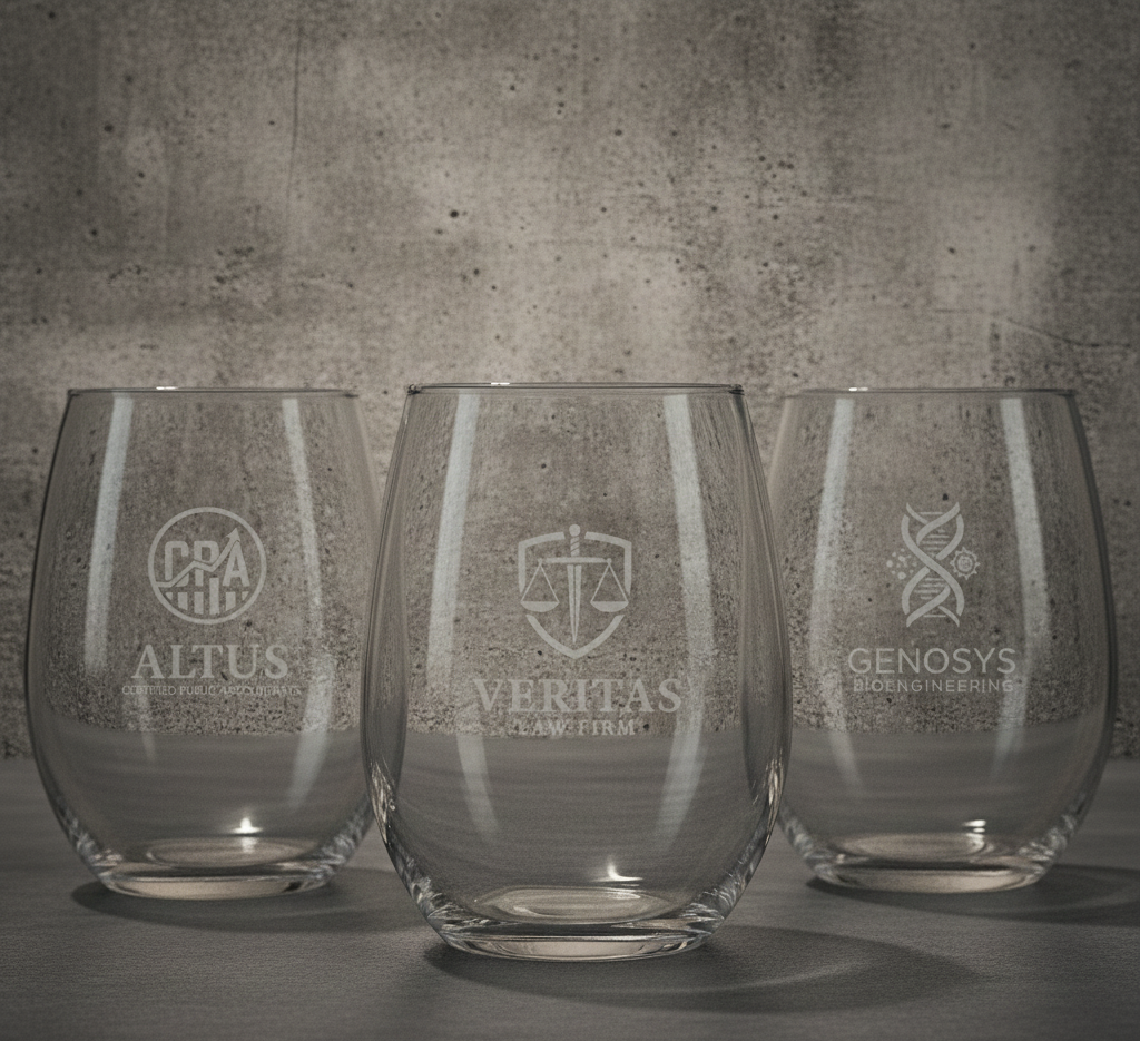 Three clear glass tumblers with engraved logos for Altus, Veritas, and Genosys, placed on a dark surface against a textured gray wall.