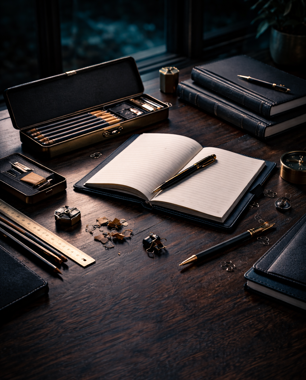 A dark wooden desk with a leather notebook, gold pen, open striped notebook, pens, scissors, binder clips, ruler, and various stationery items, near a window.
