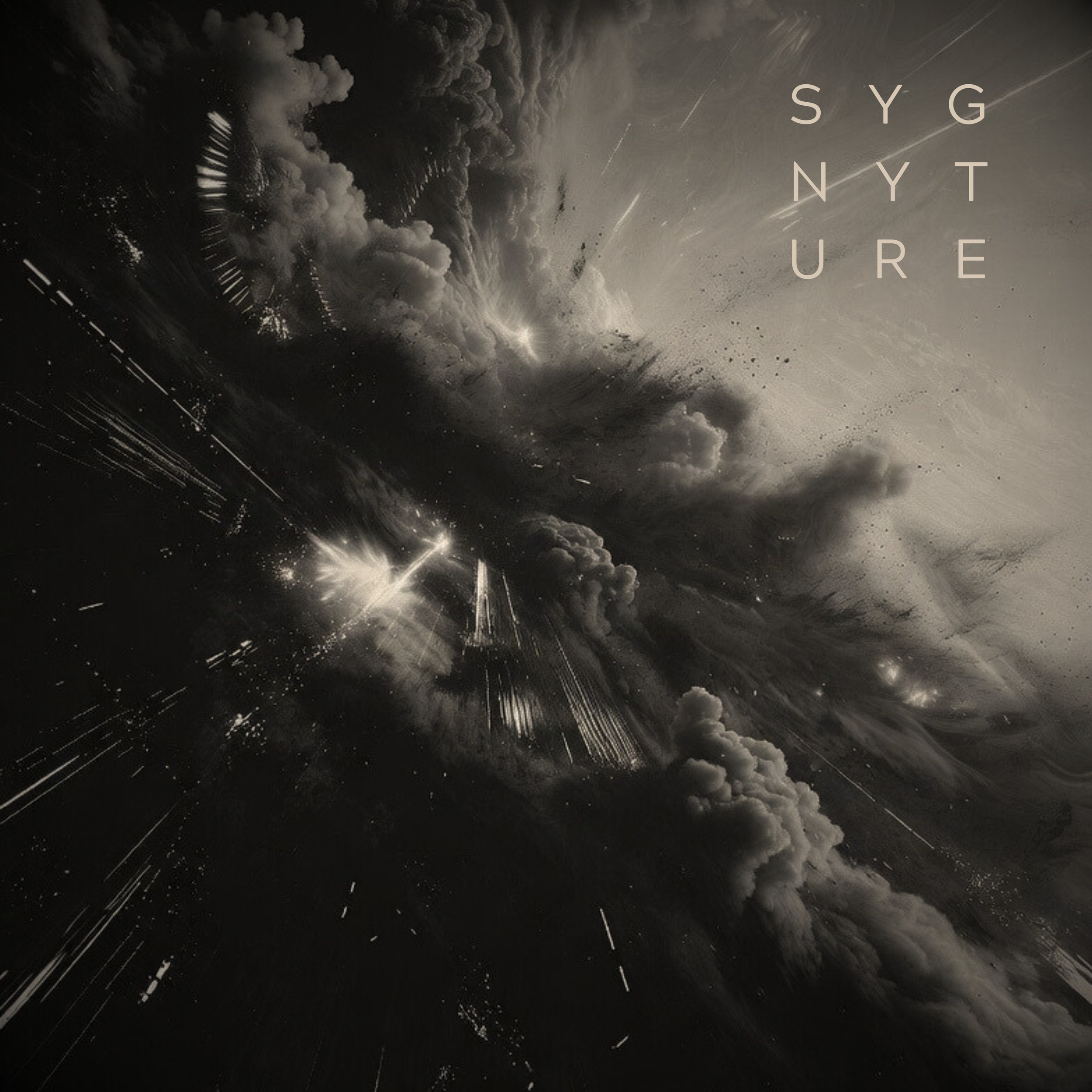 A black and white space scene of clouds and star trails with the words 'SYGNYTURE' written in light gray text.
