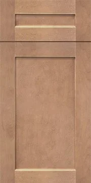 A wooden cabinet door with a simple rectangular design and three horizontal grooves at the top
