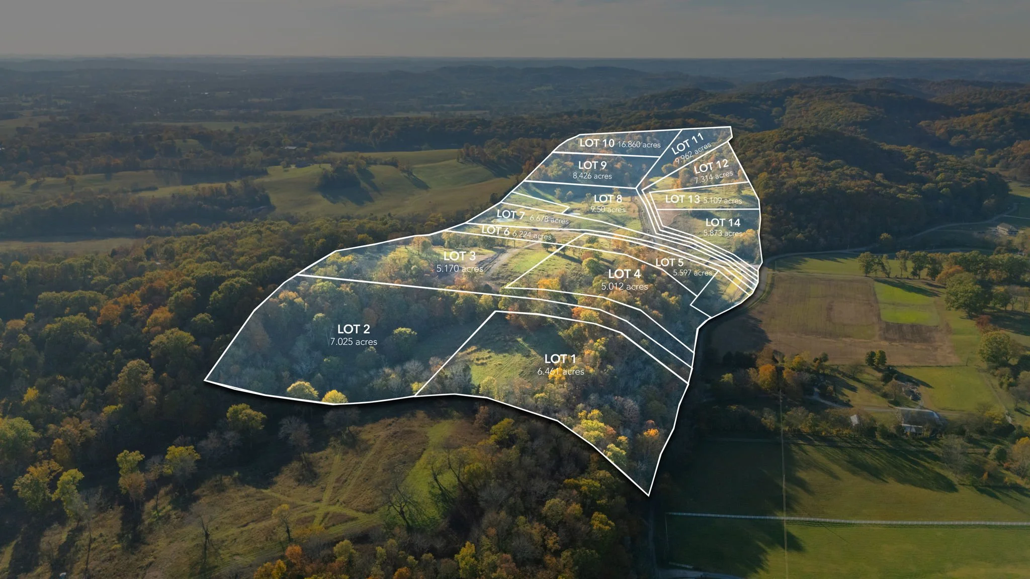 Aerial view of a large landscape with multiple land plots outlined and labeled with lot numbers and acreage, overlaid on a rural landscape of wooded and open land.