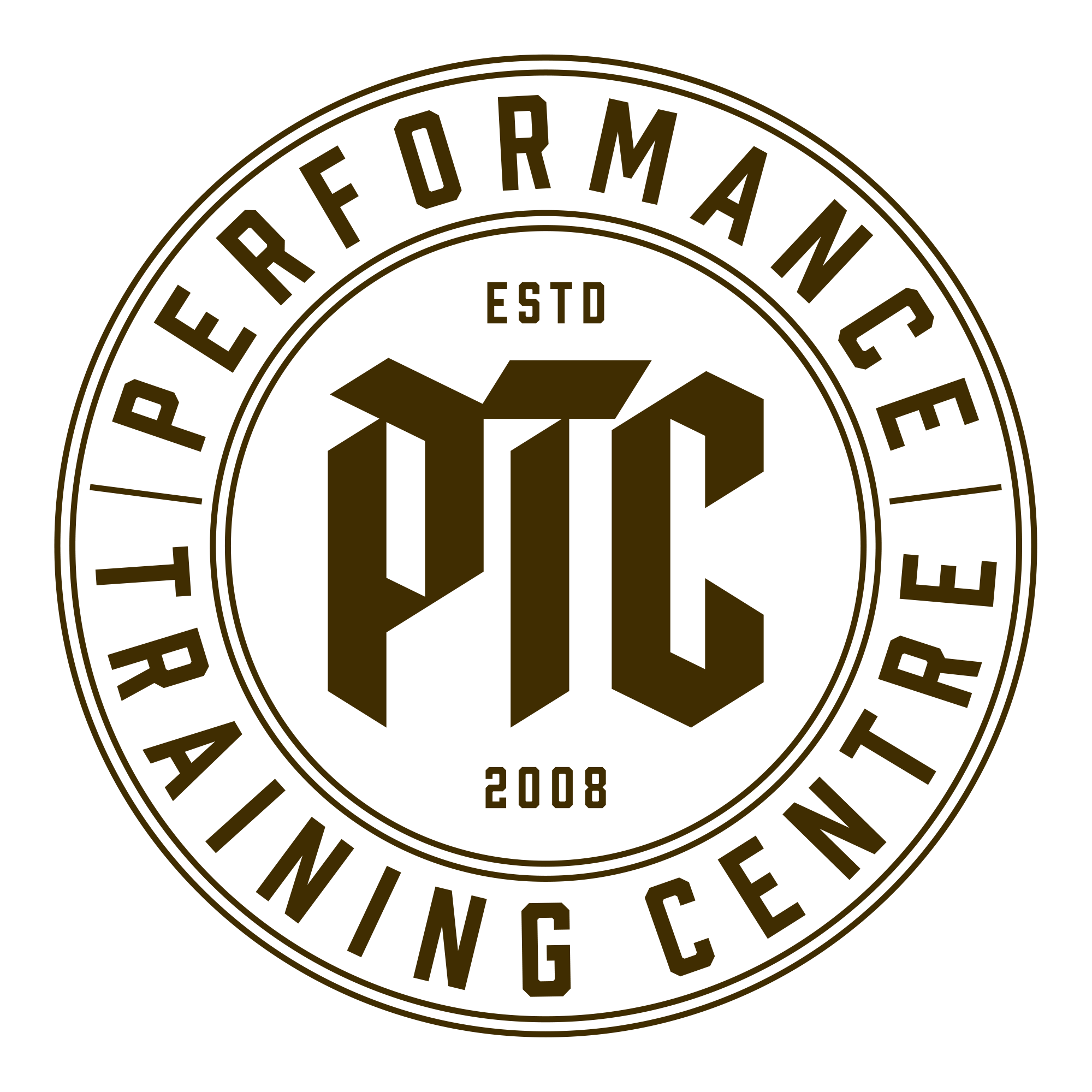 Logo for PTC, performance training club, established in 2008, featuring bold initials 'PTC' in the center with a circular design and text around the edge reading ' PERFORMANCE TRAINING CLUB TRAINING'.