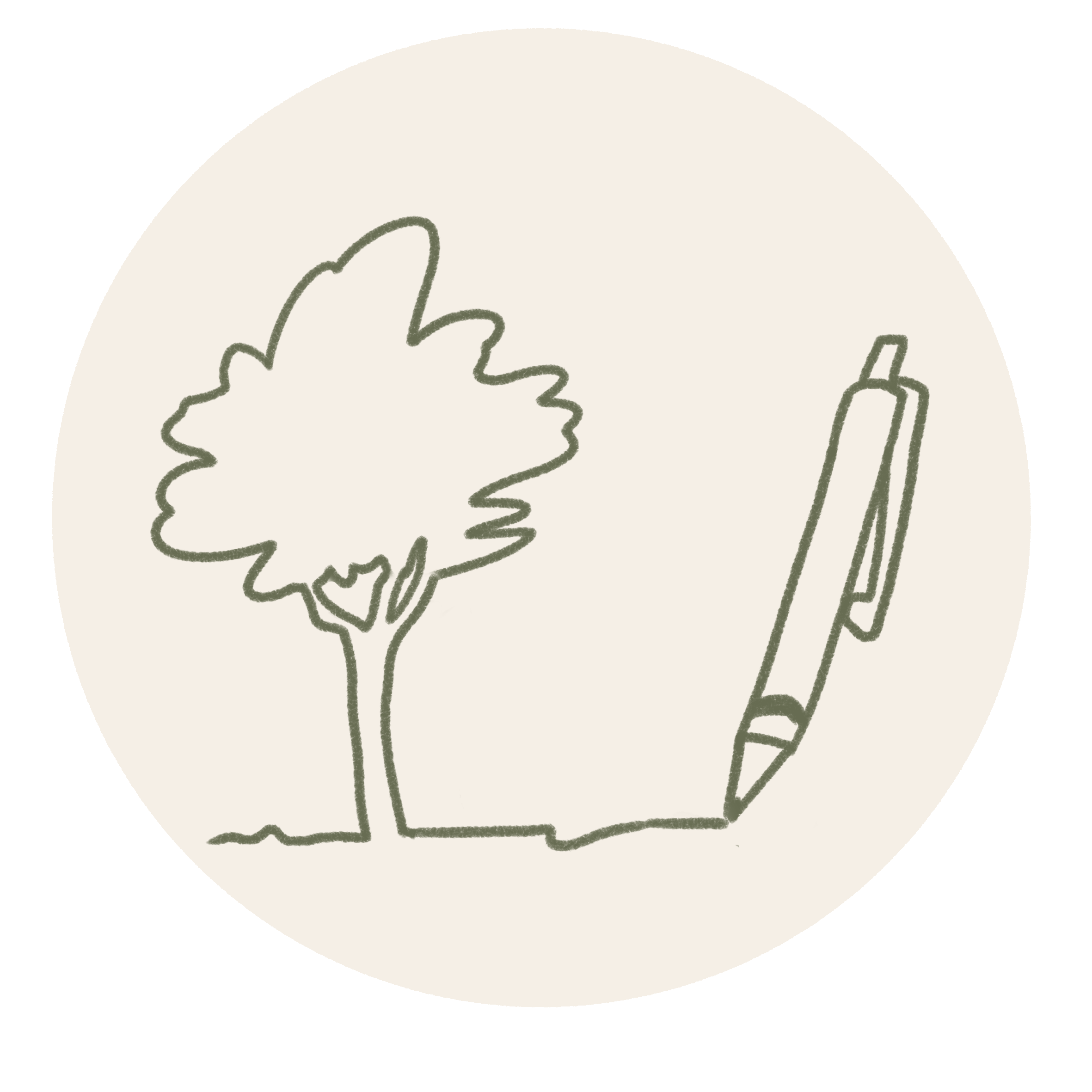 Close-up of a textured beige paper with handwritten text and drawings in green ink, including a tree and a fountain pen.