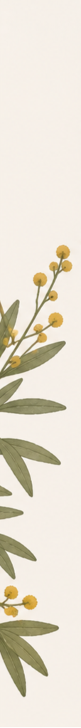 Illustration of green leaves and small yellow flowers on a tall, vertical background.