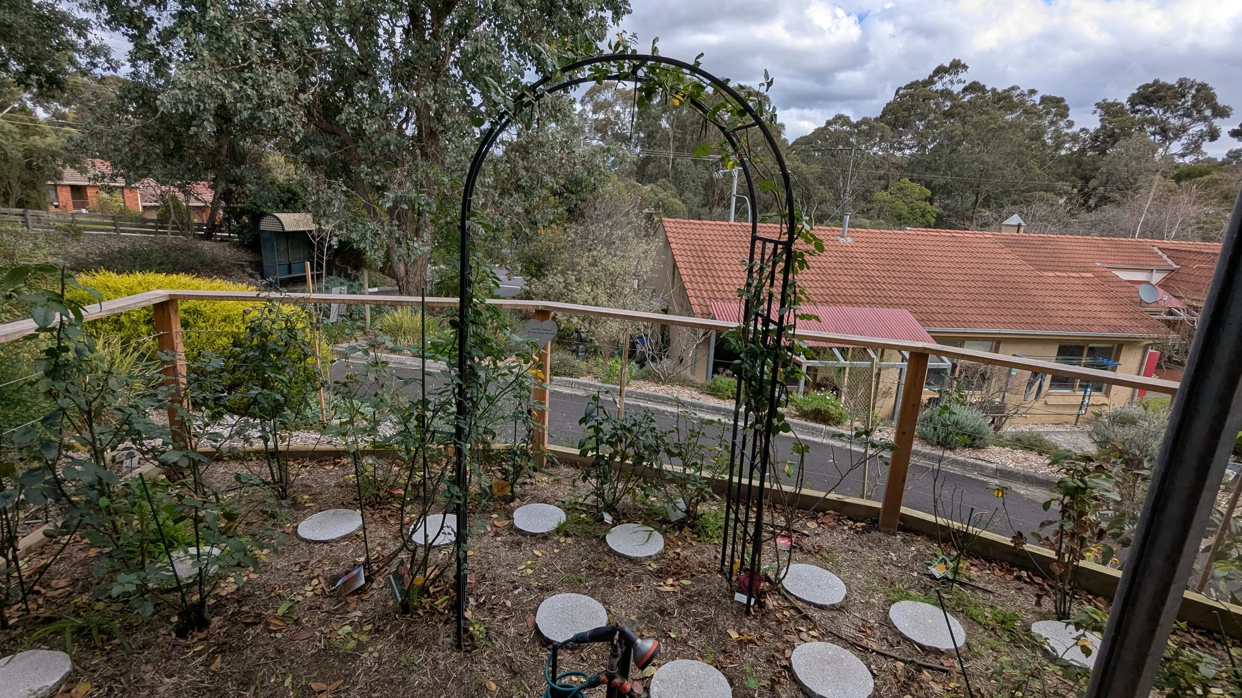 A garden with a black metal archway and climbing plants, situated on a dirt patch with stepping stones. The garden is fenced with wooden and wire mesh fencing, overlooking a neighborhood with houses, trees, and a cloudy sky.