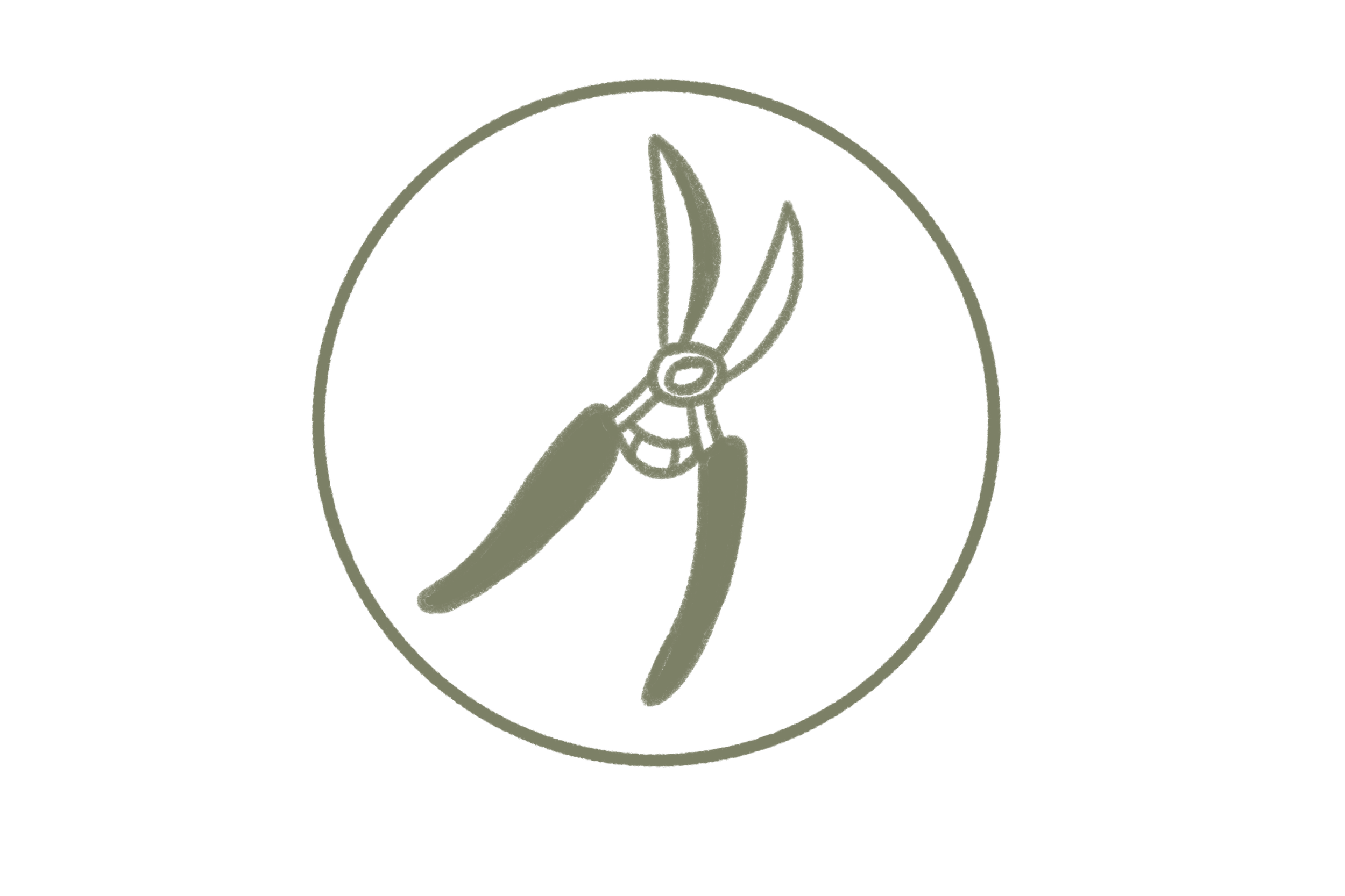 Line drawing of a hand holding pruning shears, surrounded by a circle, indicating pruning or gardening.