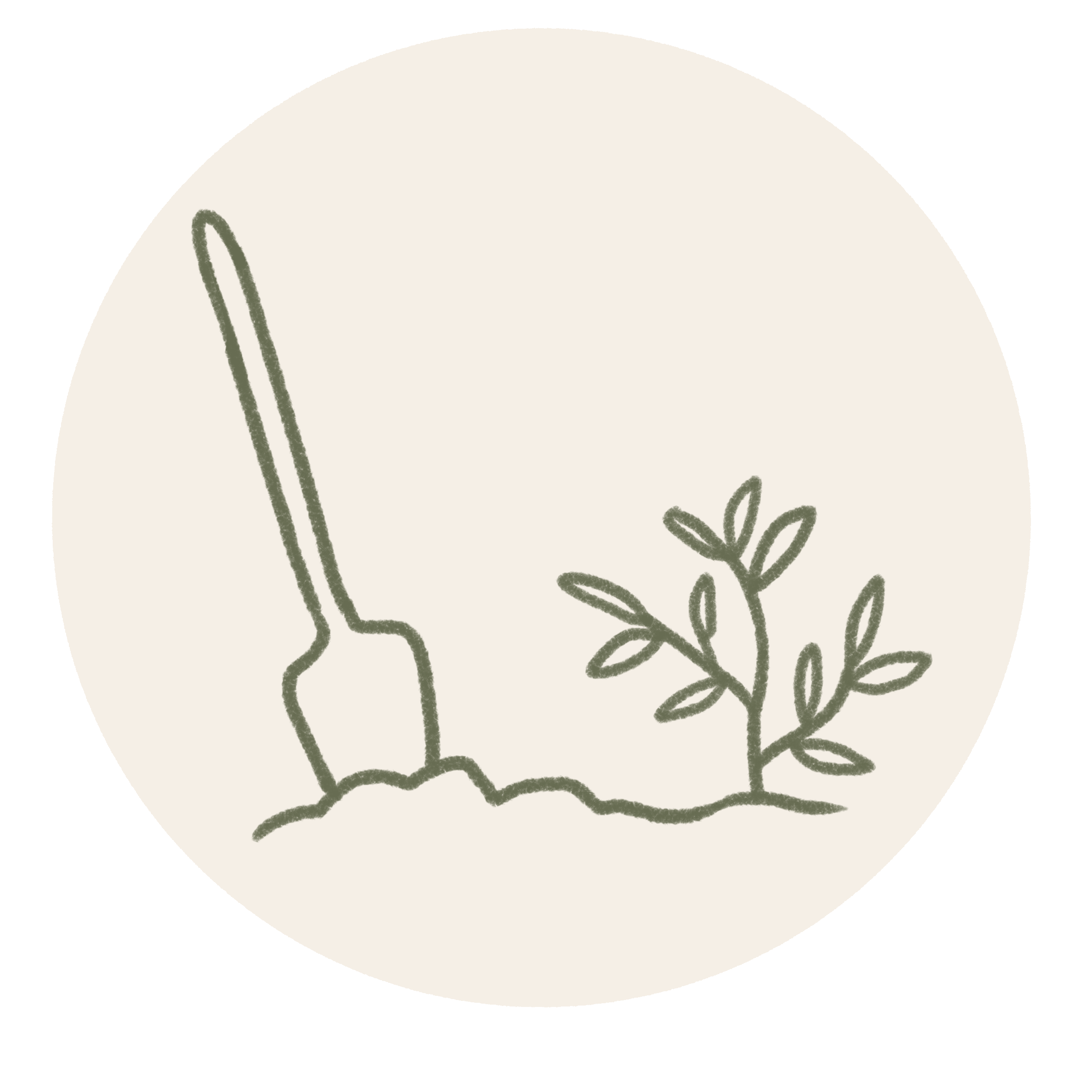Close-up of a beige background with a green hand-drawn illustration of a mitten, a sprig of leaves, and the word 'thank' in cursive.