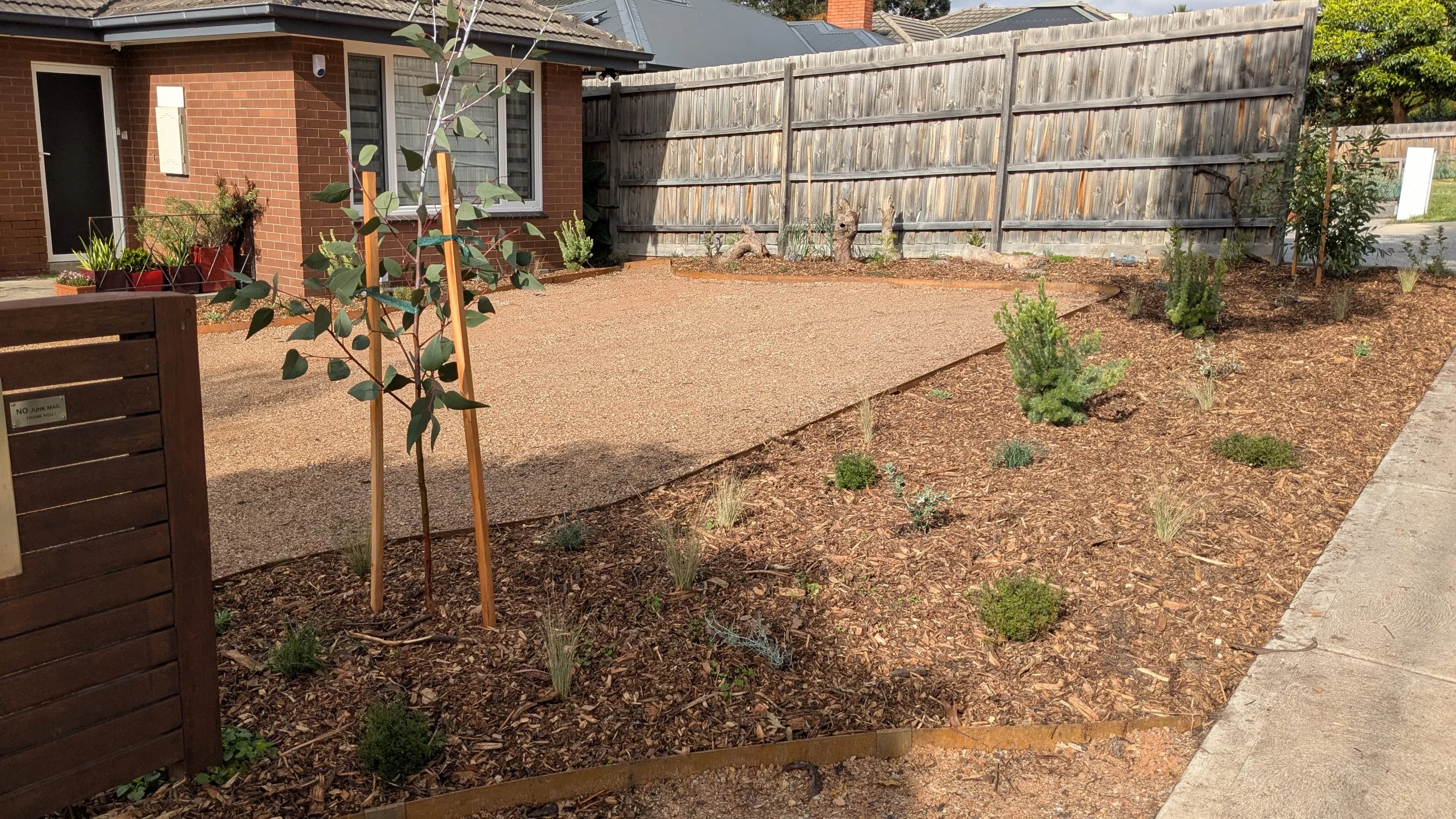A backyard with a gravel area, gardening plants, and a wooden fence. A brick house is visible in the background. There are young trees and small shrubs planted around the gravel patch.