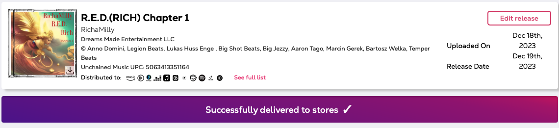 music release page for R.E.D. (RICH) Chapter 1 by RichaMily, released by Dreams Made Entertainment LLC. Includes album artwork of a stylized lion with a mane of bright yellow and orange, and text details about the release, upload, and release dates.