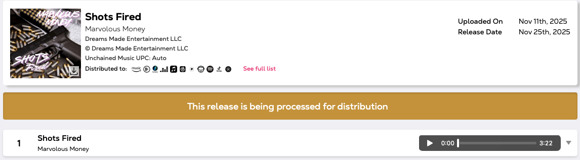 Music release webpage for 'Shots Fired' by Marvelous Money, released on November 25th, 2025, with a gold banner indicating the release is being processed for distribution.