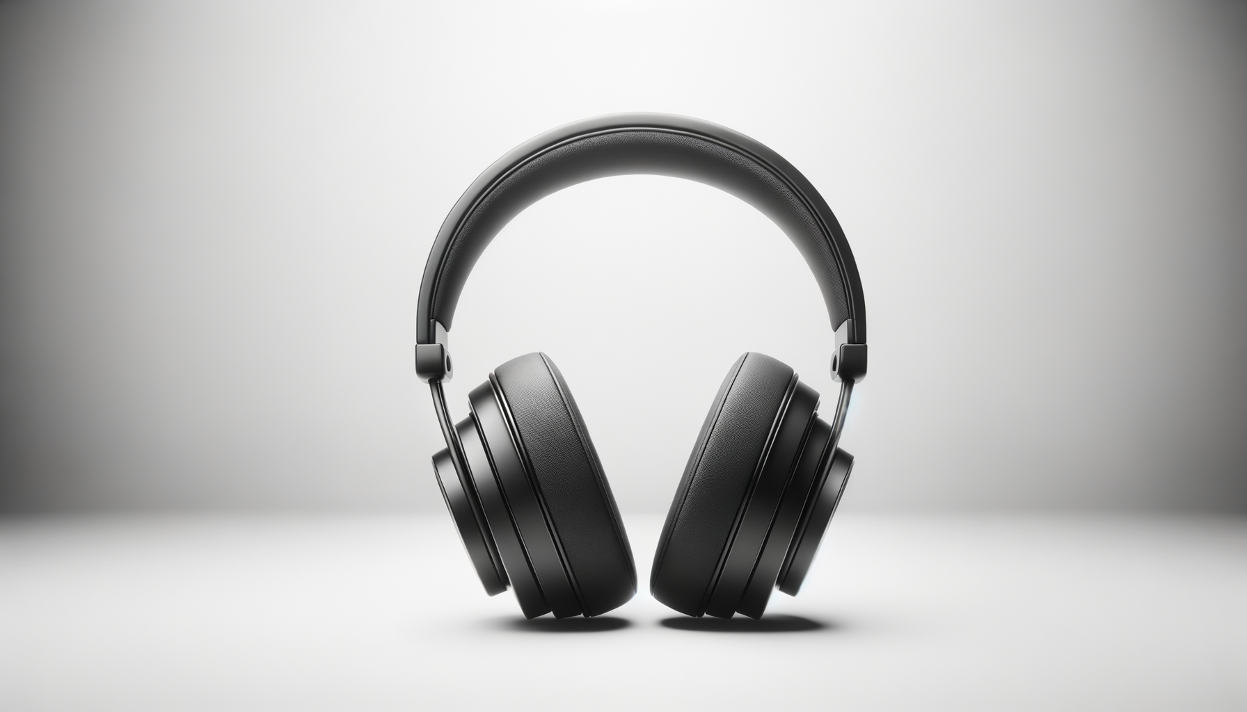 Black over-ear wireless headphones on a white surface with a gray gradient background
