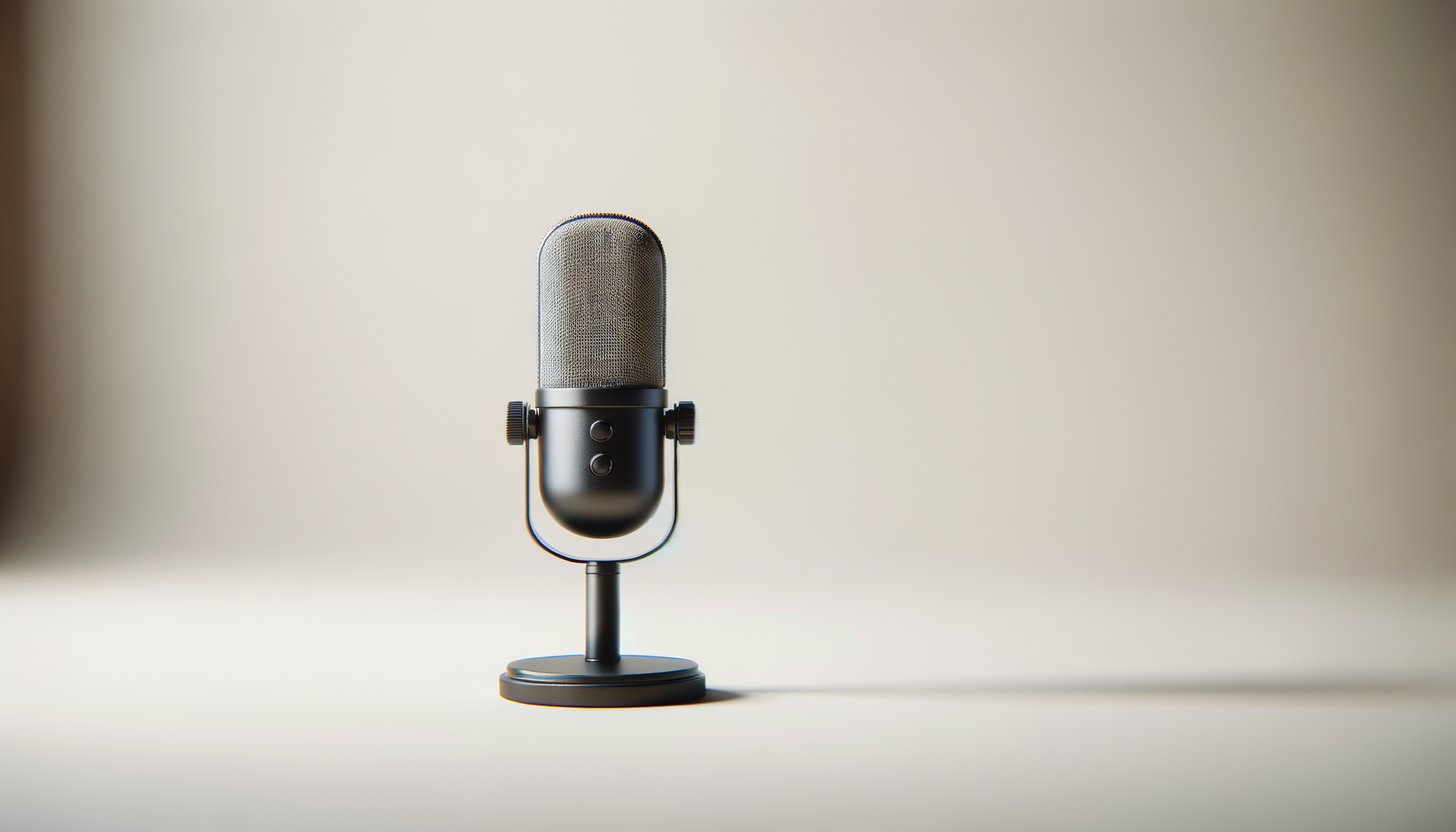 A black microphone on a stand on a plain, light-colored surface with a neutral background.