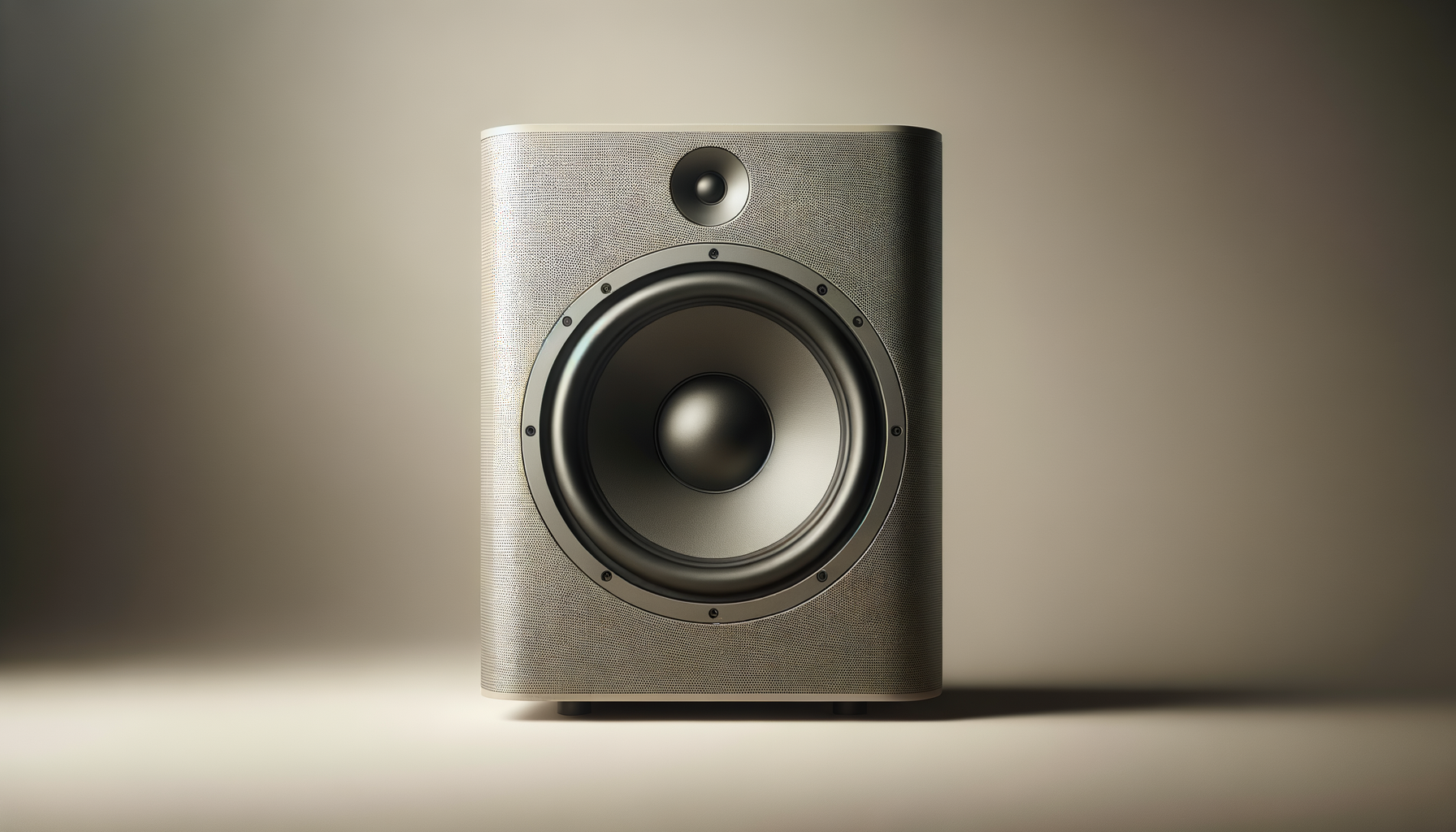 A large, modern speaker with a metallic grille and two drivers, set against a neutral background.