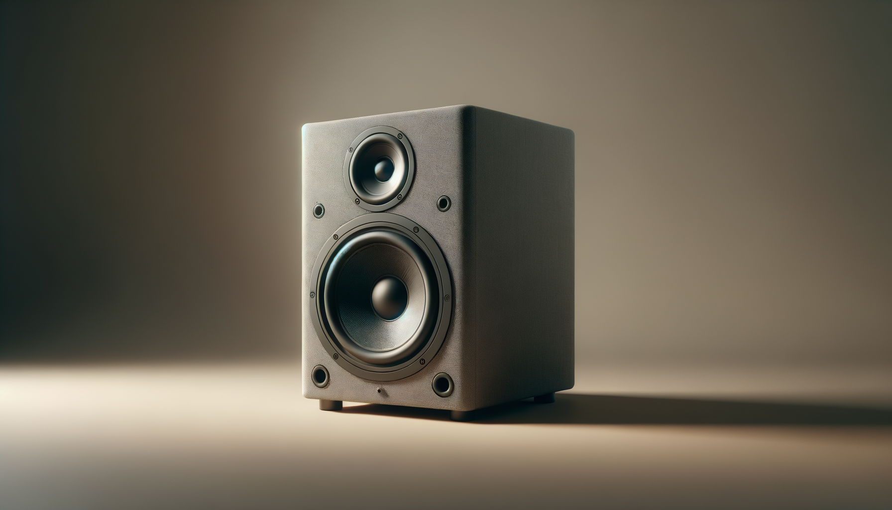 A black speaker with multiple drivers on a neutral background.