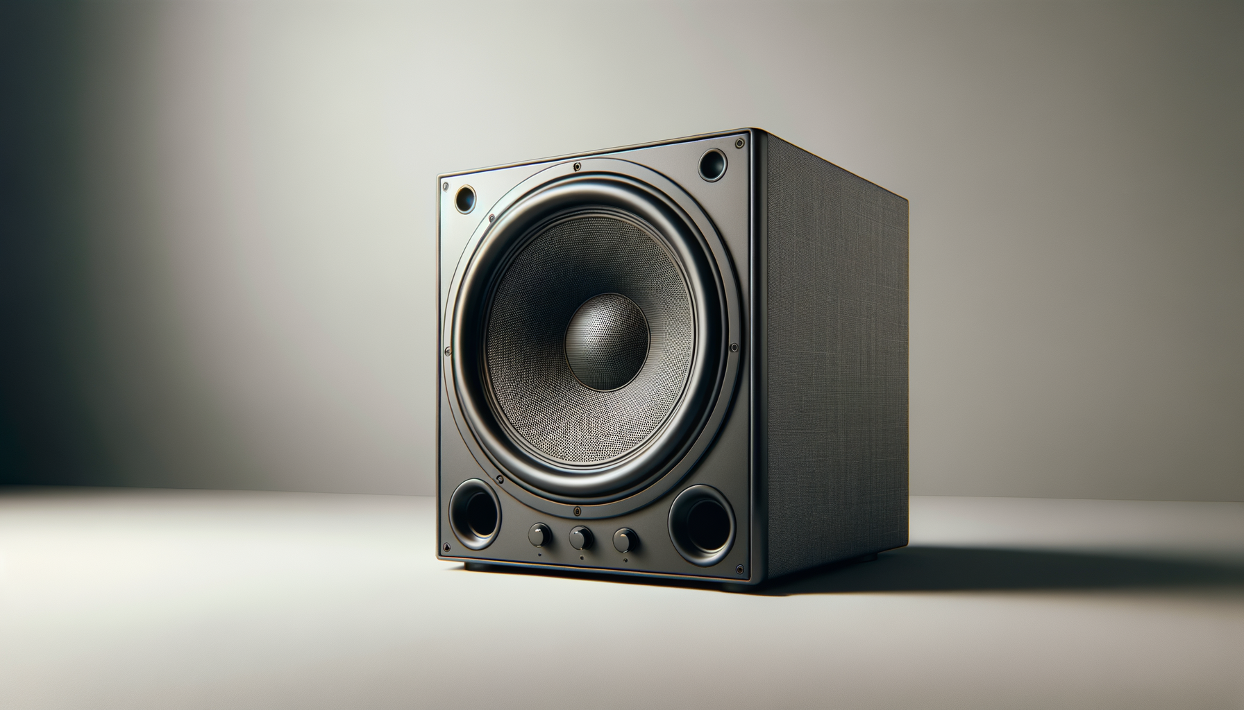 A large black speaker with a round central cone and two smaller circular openings at the bottom, placed on a light-colored surface with a gradient background.