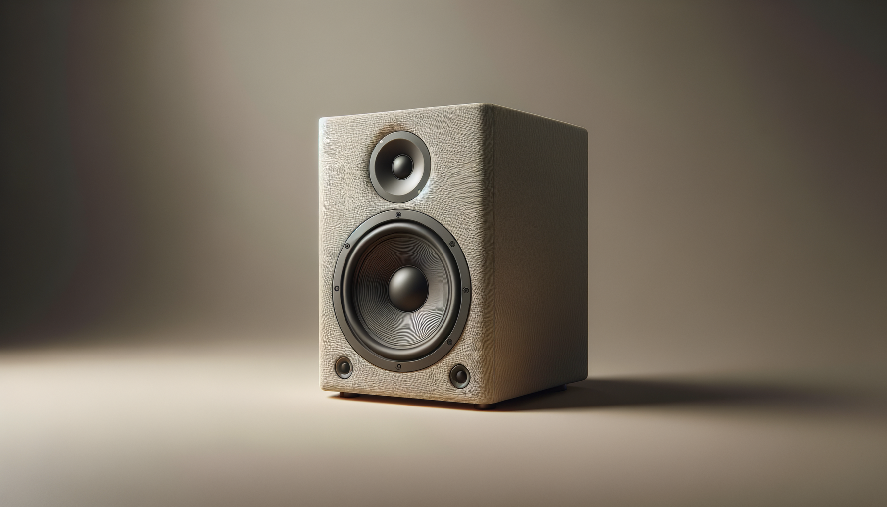 A beige speaker with one large driver and two smaller drivers, set against a neutral background.