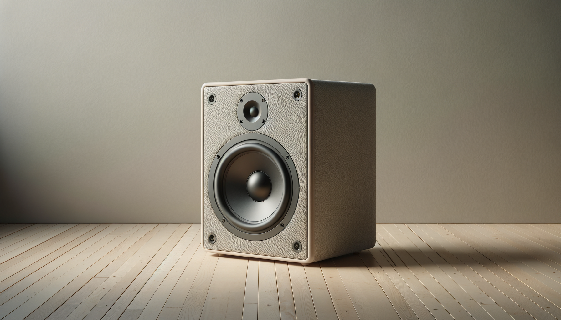 A modern black and white speaker on a light wood floor against a plain beige wall.