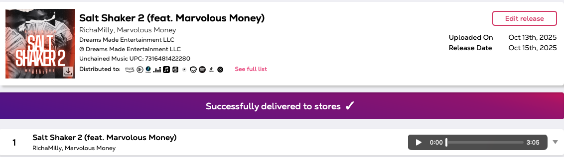 Music download page for 'Salt Shaker 2' featuring Marvellous Money, released by Dreams Made Entertainment LLC, with a purple gradient confirmation banner and a music player at zero seconds.