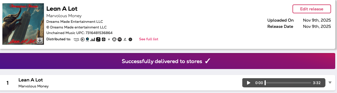 Music Download Page For  'Lean A Lot' by Marvelous Money, featuring an illustration of a praying angel statue holding a scepter, with a city skyline and cloudy sky in the background.