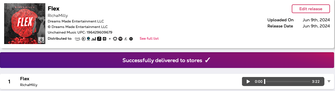 Music album release page for 'Flex' by RichaMilly, showing album cover art, release details, and a download icon.