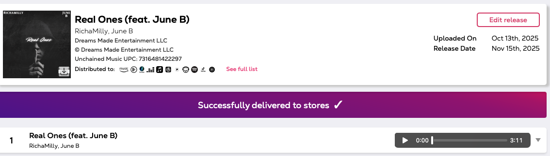 Digital music distribution page for RichaMilly's song 'Real Ones' featuring June B, showing album art in black and white, with song details, upload and release dates, and a music player at 0:00 of 3:11.