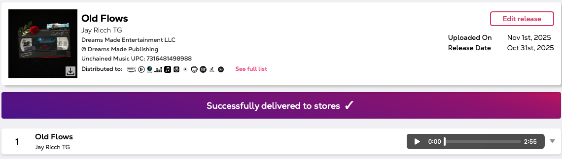 Music Download Page For  'Old Flows' by Jay Ricch TG, featuring a dark background with a small photo of a woman and a man, and a red rose.